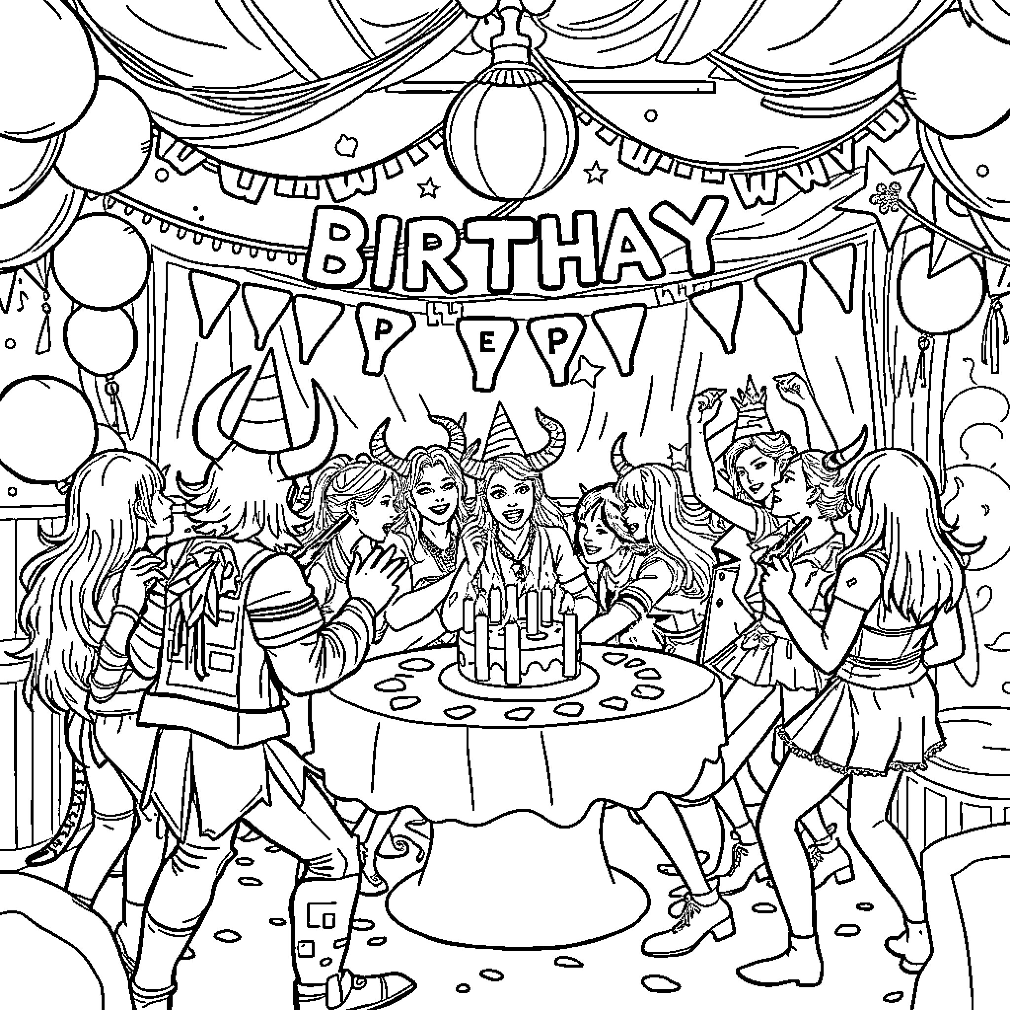 Demon Hunter Birthday Party Celebrations Coloring Page (free black-and-white line drawing printable PDF for all, from beginners to advanced learners, including children, teens, adults, and seniors)