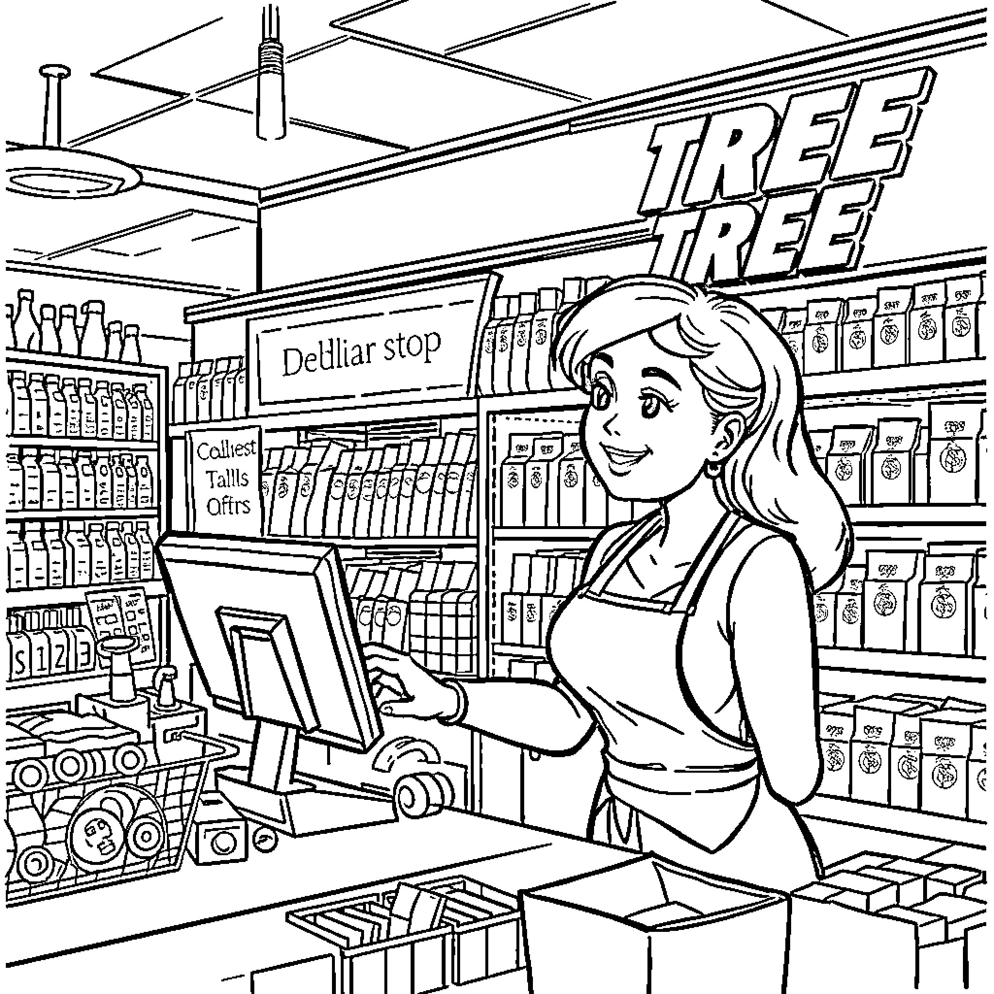 Lady Assisting Customers at the Tree Tree Store Coloring Page (free black-and-white line drawing printable PDF for all, from beginners to advanced learners, including children, teens, adults, and seniors)