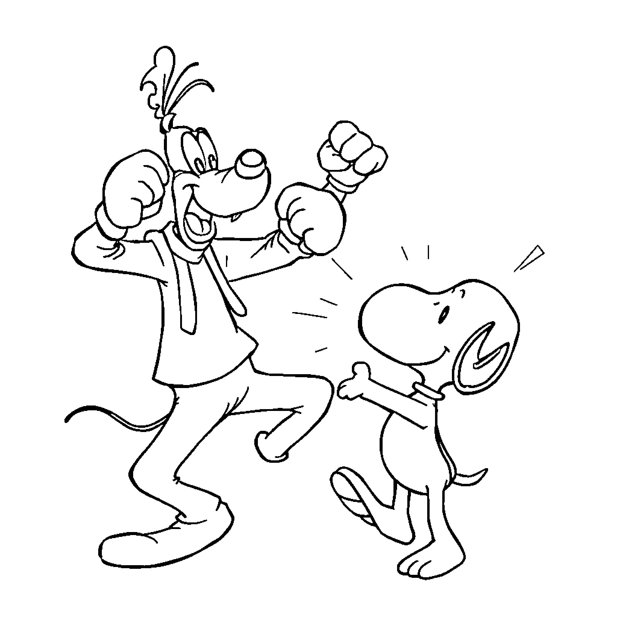 Goofy characters engaged in playful antics Coloring Page (free black-and-white line drawing printable PDF for all, from beginners to advanced learners, including children, teens, adults, and seniors)
