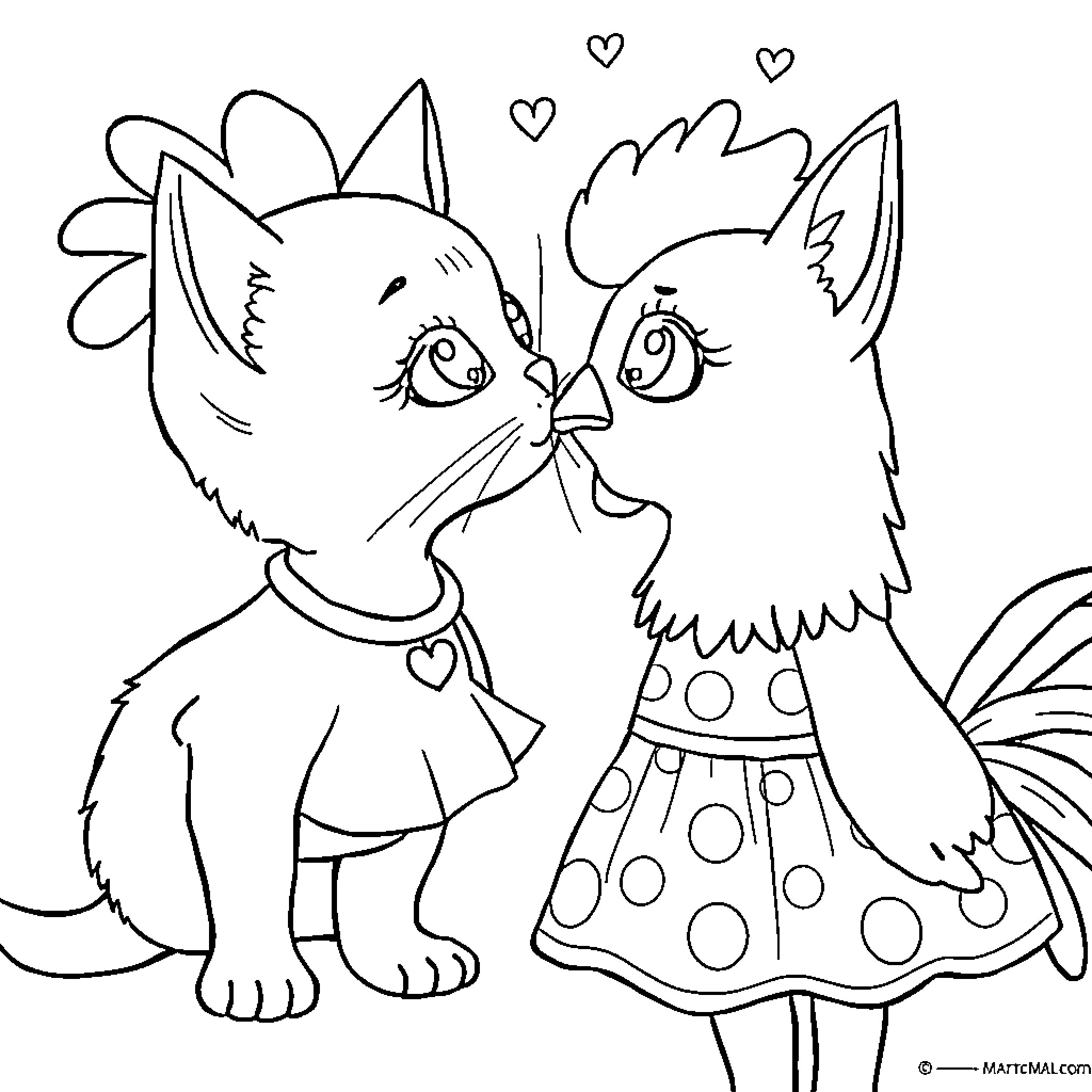 Cat couple in love with hearts Coloring Page (free black-and-white line drawing printable PDF for all, from beginners to advanced learners, including children, teens, adults, and seniors)