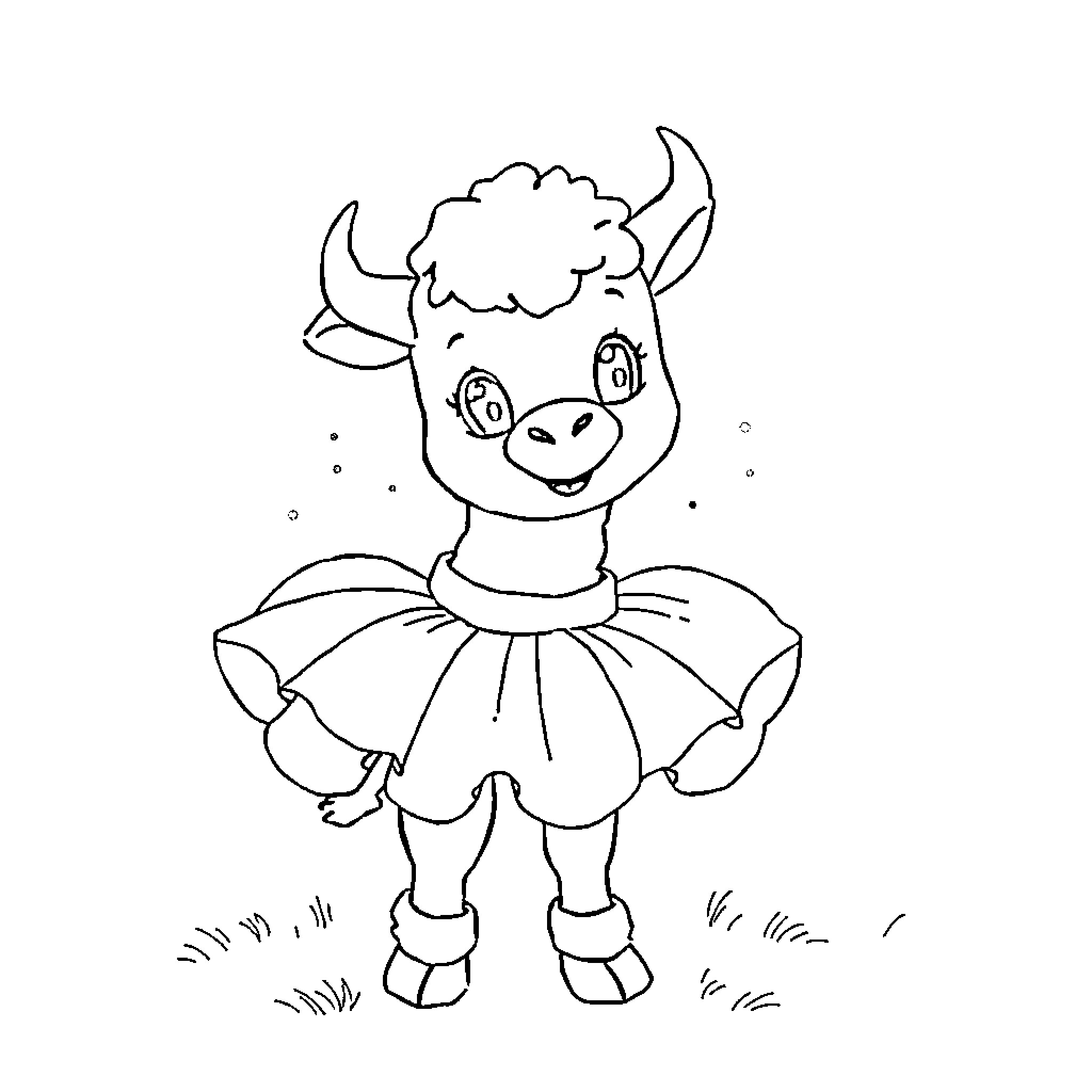 Caca the Joyful Cow Ballerina Coloring Page (free black-and-white line drawing printable PDF for all, from beginners to advanced learners, including children, teens, adults, and seniors)