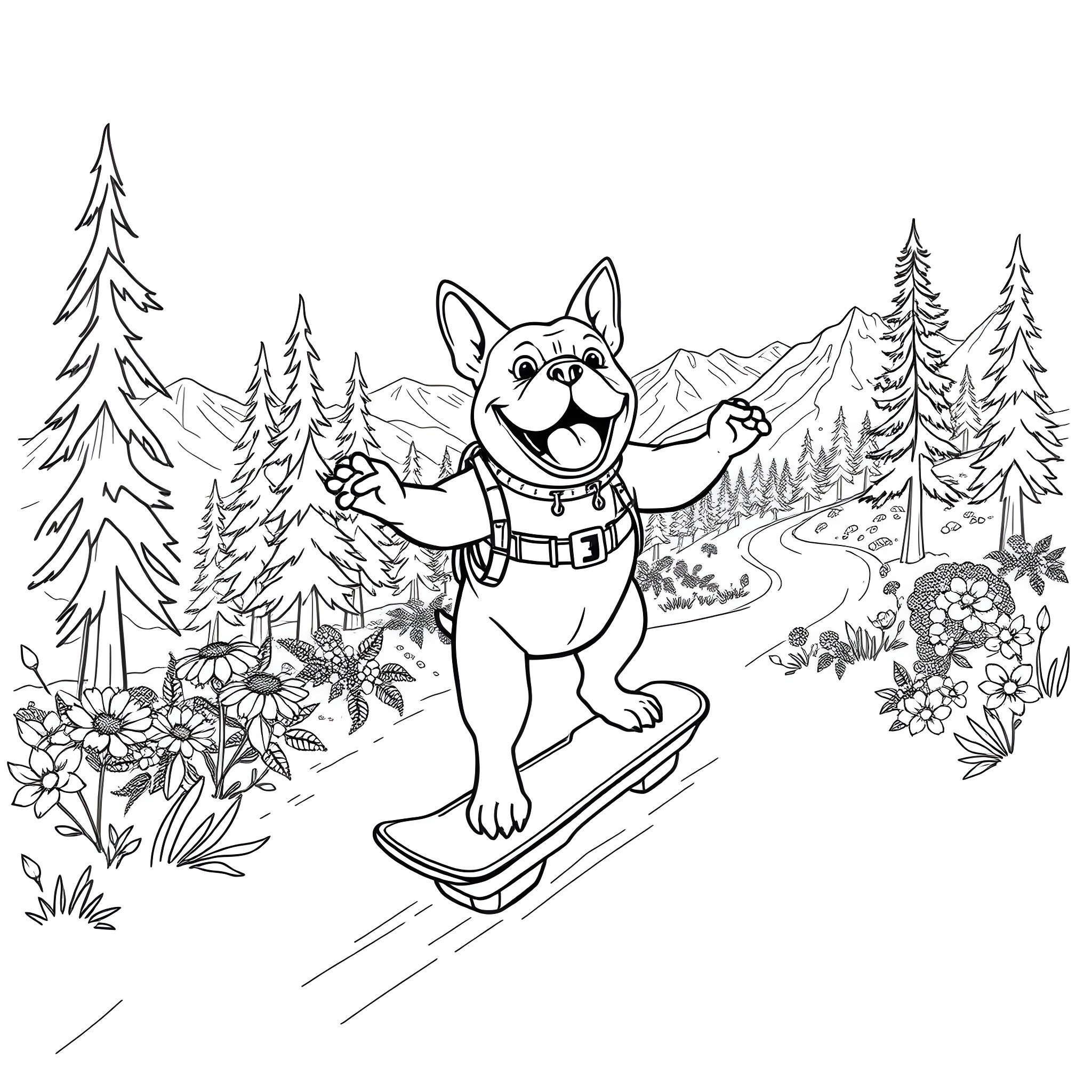 Bulldog skiing through a snowy forest landscape Coloring Page (free black-and-white line drawing printable PDF for all, from beginners to advanced learners, including children, teens, adults, and seniors)