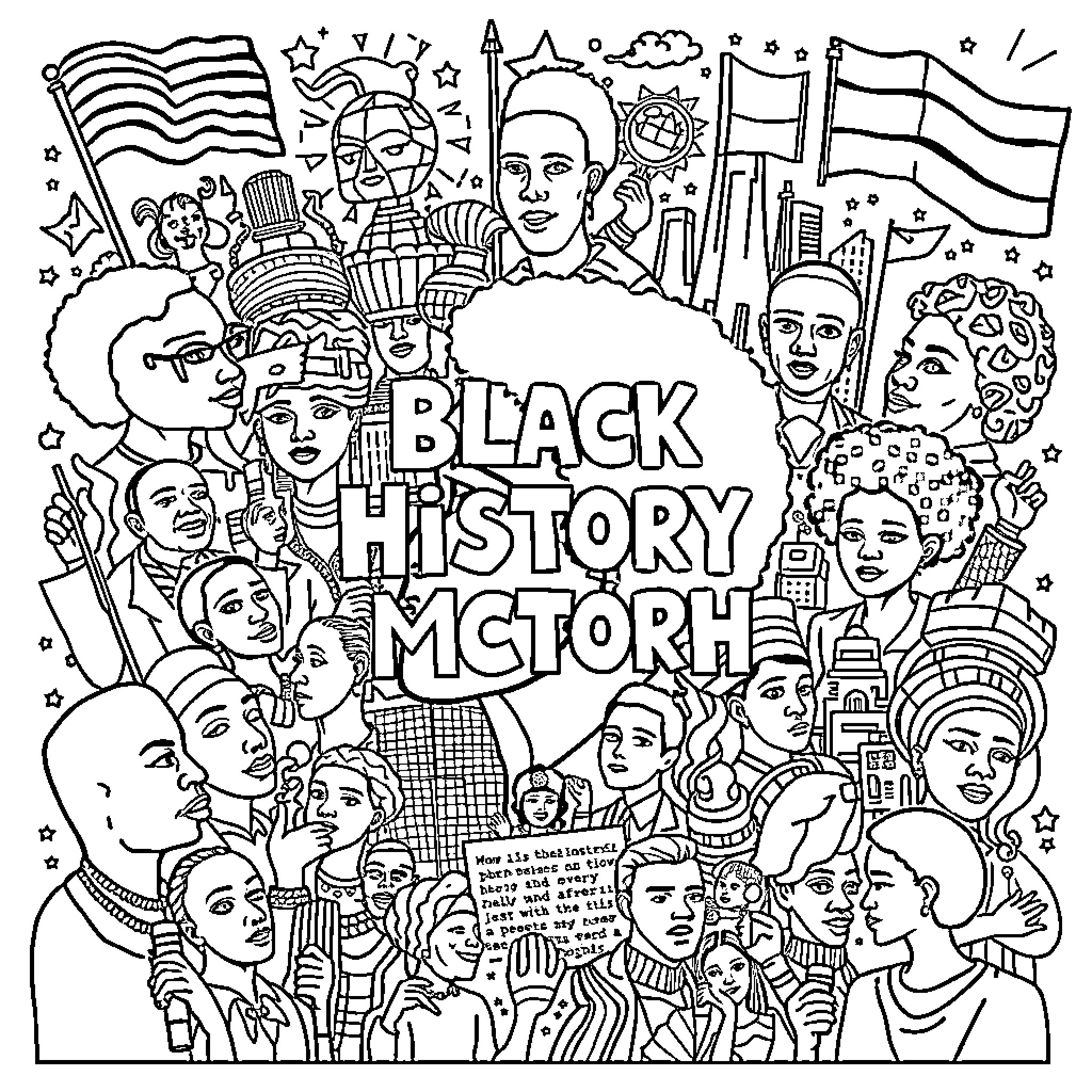 Black History Month Celebrating Diversity and Achievements Coloring Page (free black-and-white line drawing printable PDF for all, from beginners to advanced learners, including children, teens, adults, and seniors)