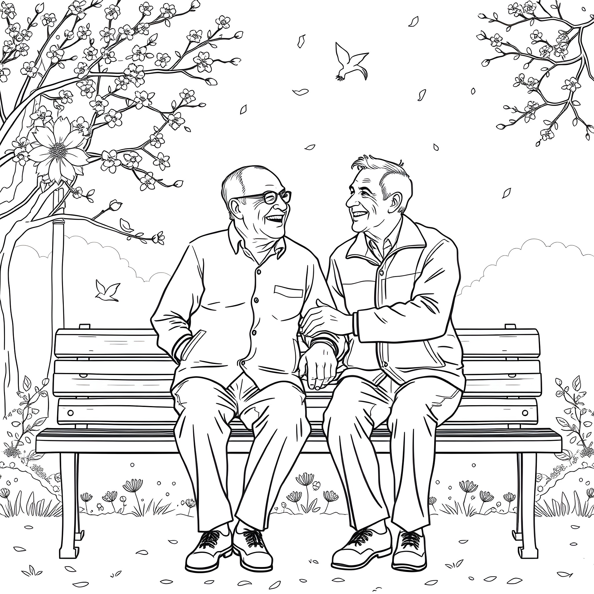 Man enjoying conversation with friend on park bench Coloring Page (free black-and-white line drawing printable PDF for all, from beginners to advanced learners, including children, teens, adults, and seniors)