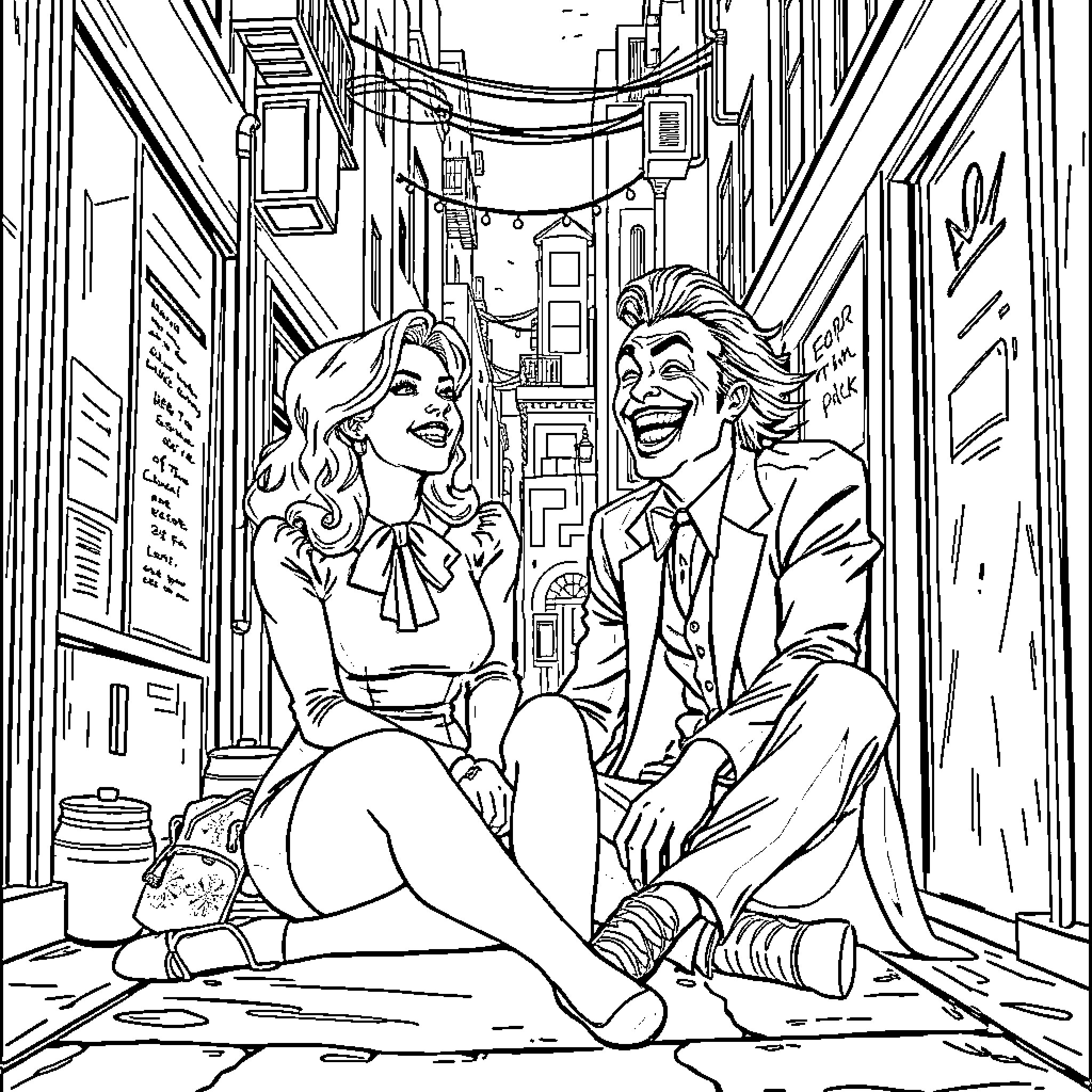 Tiffany and Alan's lively conversation in a cluttered alley Coloring Page (free black-and-white line drawing printable PDF for all, from beginners to advanced learners, including children, teens, adults, and seniors)