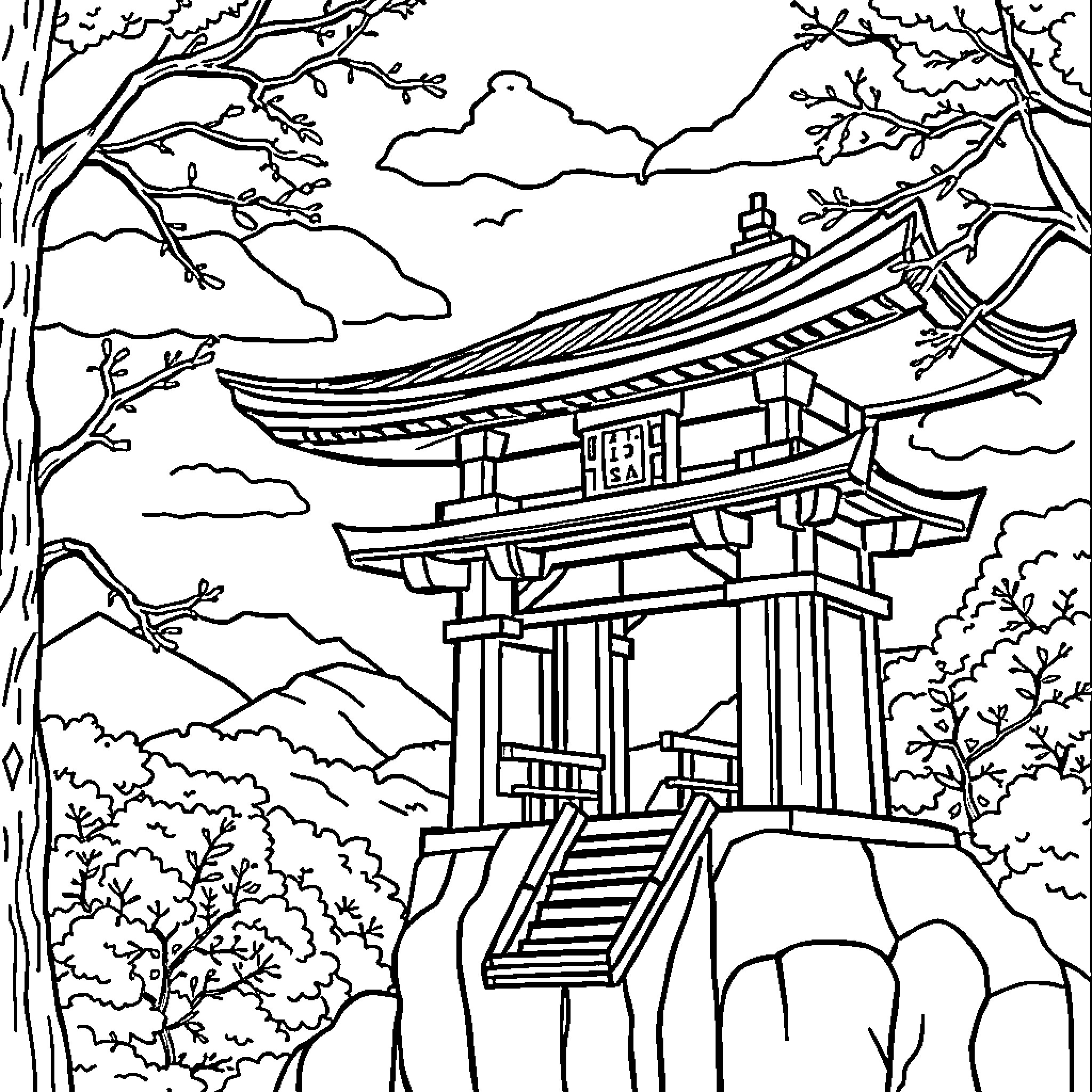 Japan Scenic Shrine Amid Lush Foliage Coloring Page (free black-and-white line drawing printable PDF for all, from beginners to advanced learners, including children, teens, adults, and seniors)