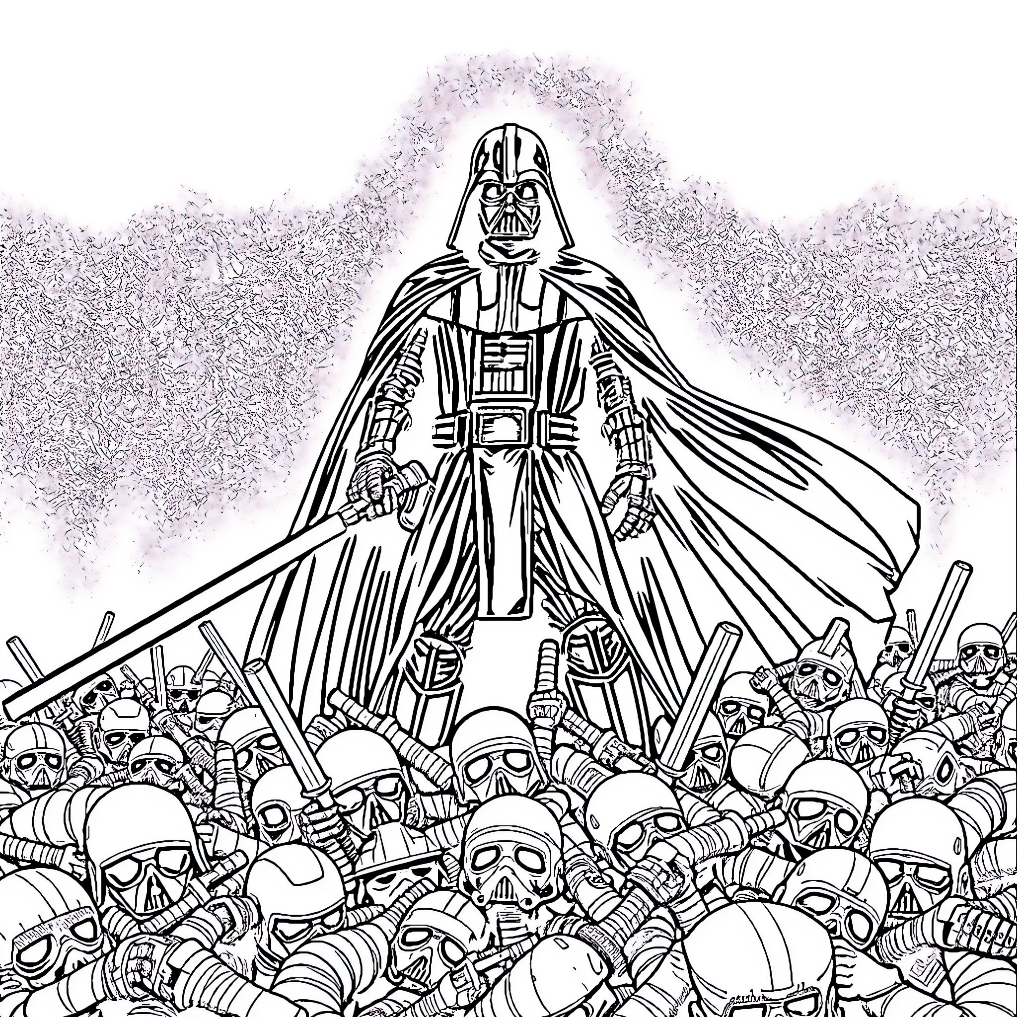 Darth Vader towering over the Imperial army Coloring Page (free black-and-white line drawing printable PDF for all, from beginners to advanced learners, including children, teens, adults, and seniors)