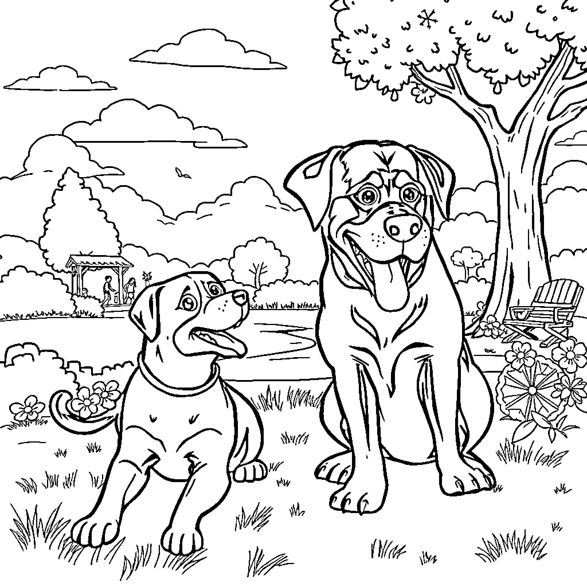 Rottweiler dogs enjoying outdoor scenery Coloring Page (free black-and-white line drawing printable PDF for all, from beginners to advanced learners, including children, teens, adults, and seniors)