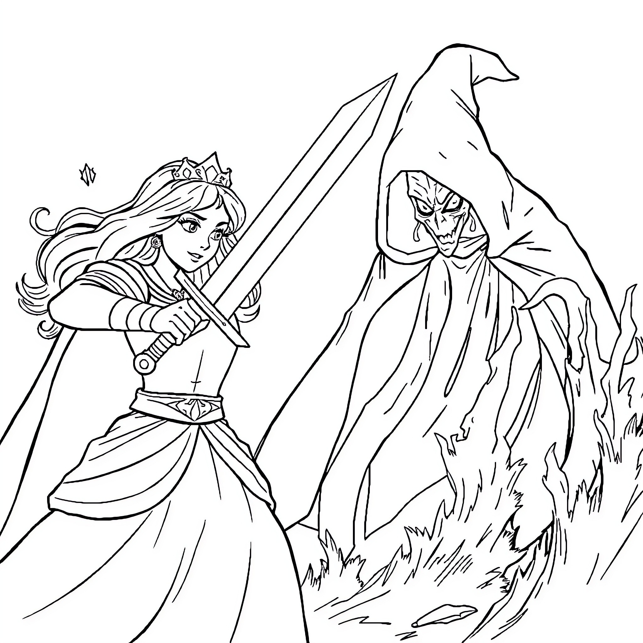 Princess Battling the Hooded Figure Coloring Page (free black-and-white line drawing printable PDF for all, from beginners to advanced learners, including children, teens, adults, and seniors)
