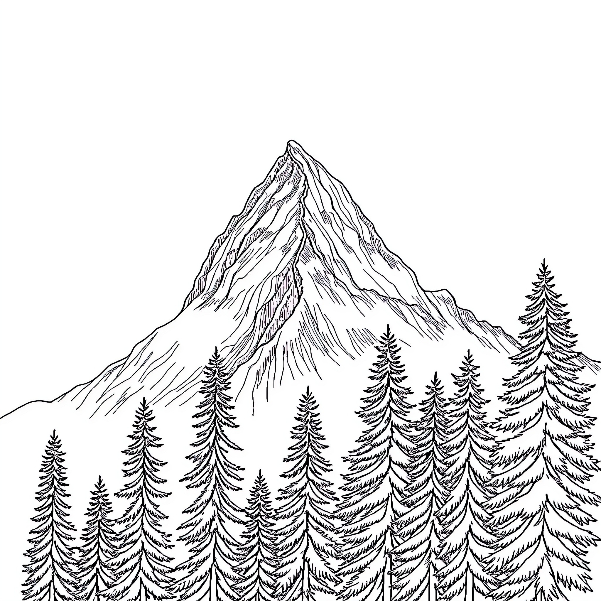 Brocken mountain and pine forest landscape Coloring Page (free black-and-white line drawing printable PDF for all, from beginners to advanced learners, including children, teens, adults, and seniors)