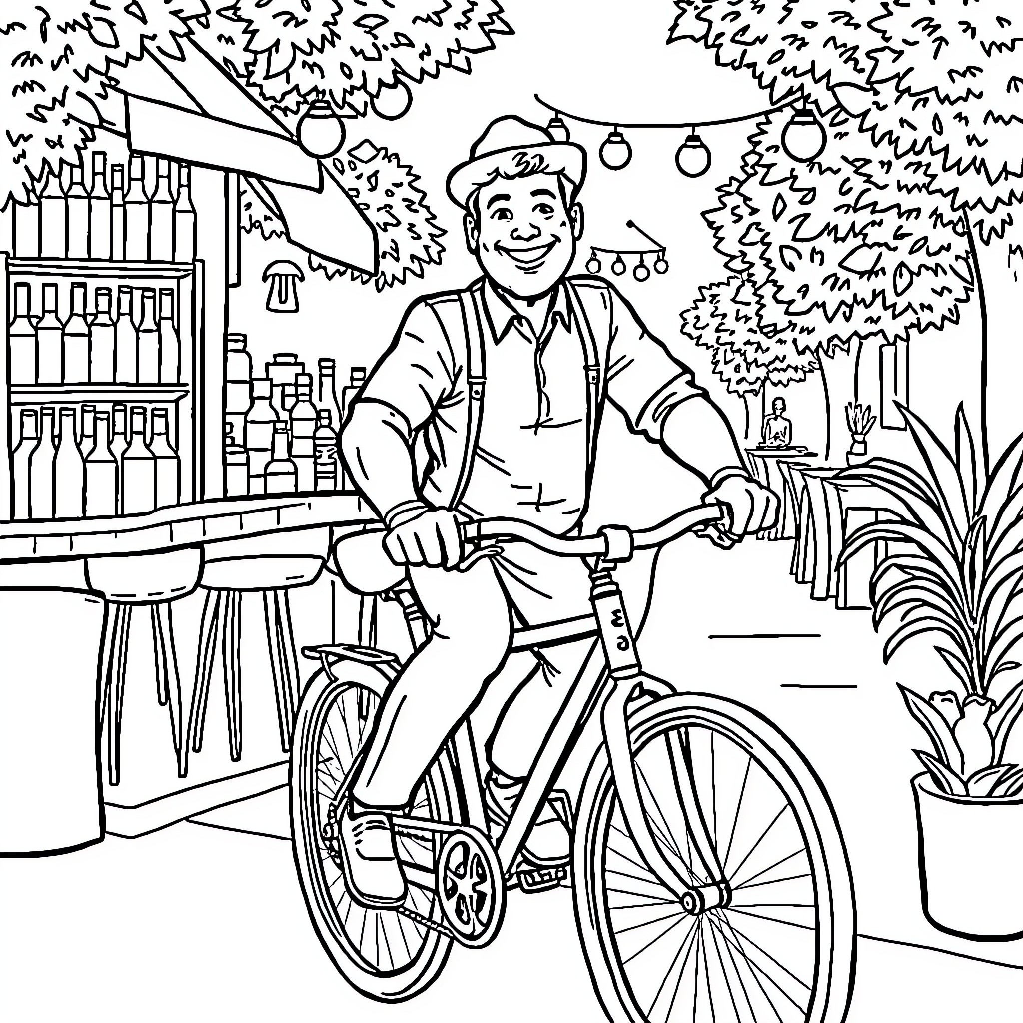 Barman riding bicycle in cozy outdoor setting Coloring Page (free black-and-white line drawing printable PDF for all, from beginners to advanced learners, including children, teens, adults, and seniors)