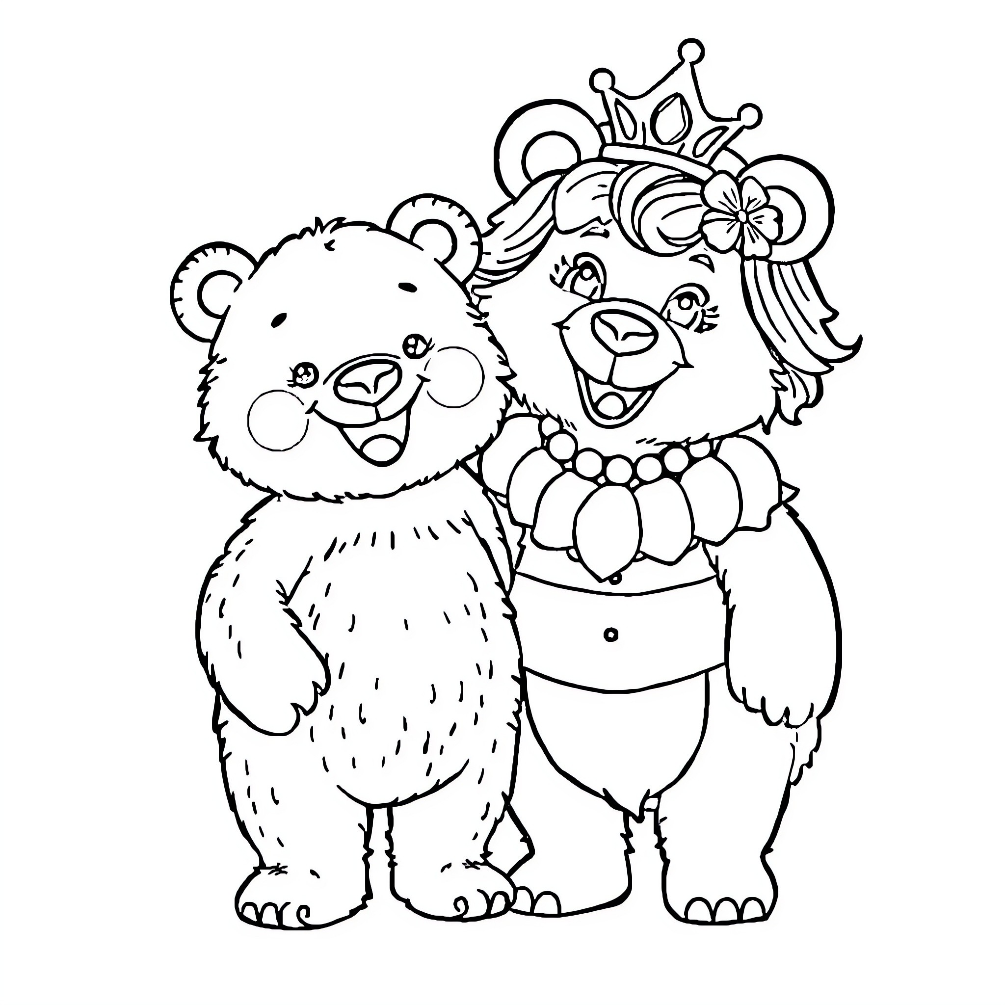 Bear friends wearing crowns and smiling Coloring Page (free black-and-white line drawing printable PDF for all, from beginners to advanced learners, including children, teens, adults, and seniors)