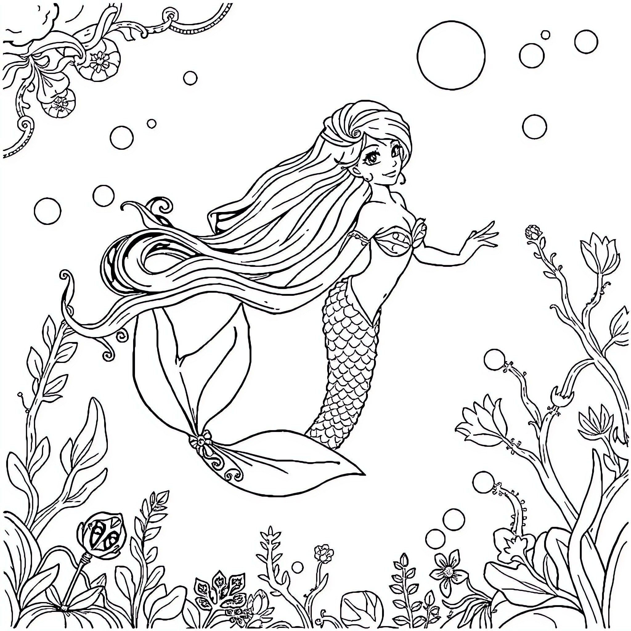 Mermaid exploring the underwater garden Coloring Page (free black-and-white line drawing printable PDF for all, from beginners to advanced learners, including children, teens, adults, and seniors)