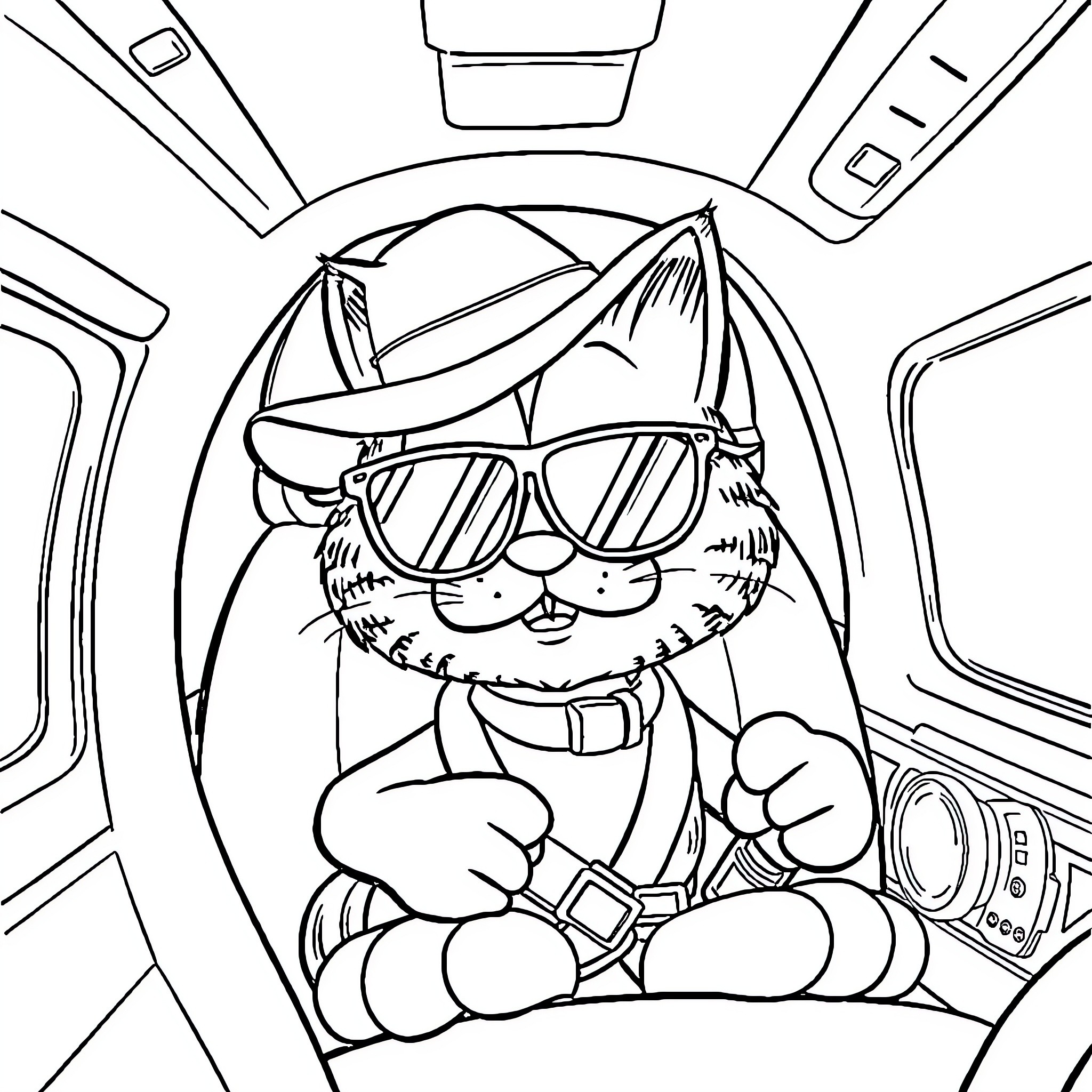 Garfield driving in a futuristic car Coloring Page (free black-and-white line drawing printable PDF for all, from beginners to advanced learners, including children, teens, adults, and seniors)