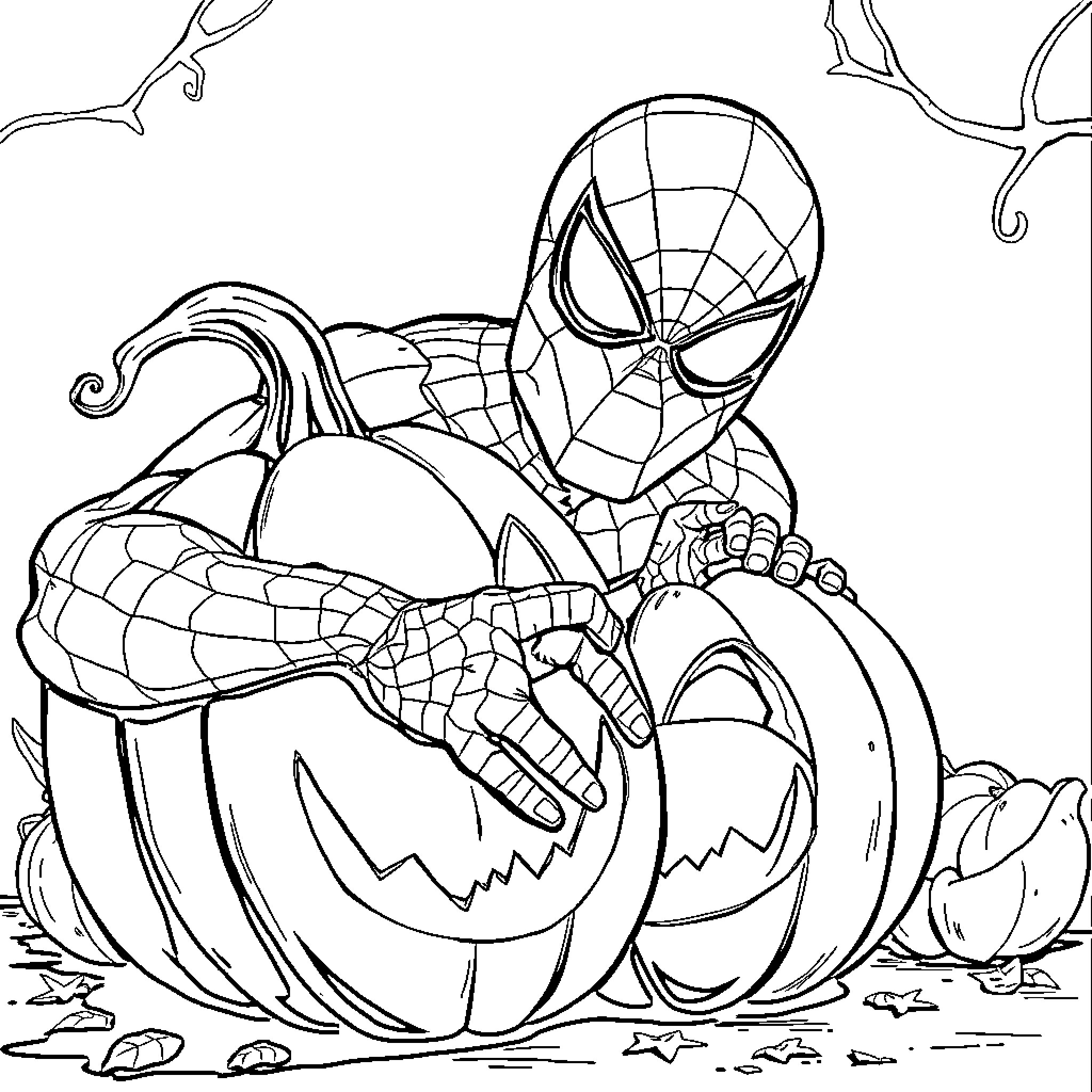 Spider-Man's Halloween Hijinks Coloring Page (free black-and-white line drawing printable PDF for all, from beginners to advanced learners, including children, teens, adults, and seniors)