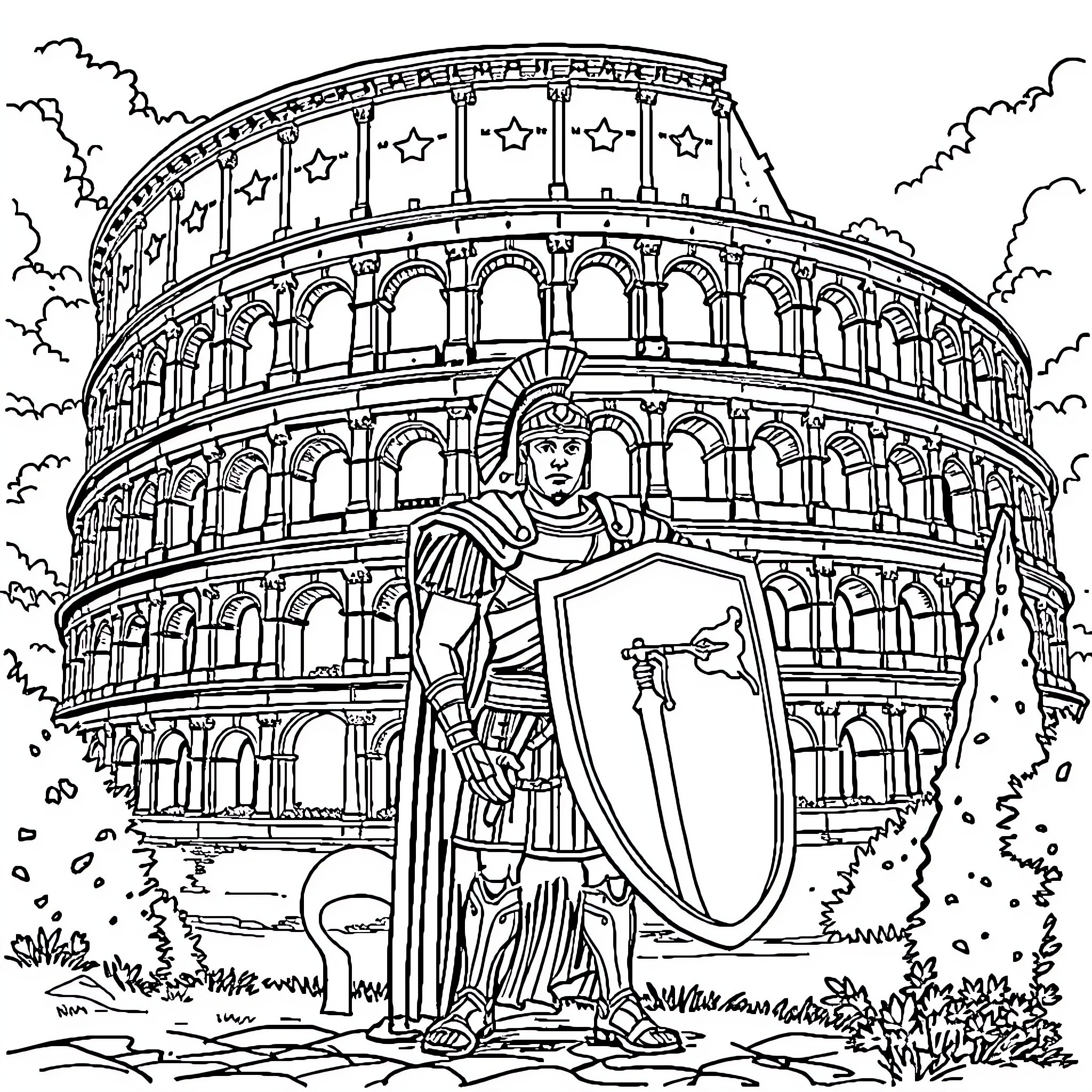 Soldier standing guard at the Roman Colosseum Coloring Page (free black-and-white line drawing printable PDF for all, from beginners to advanced learners, including children, teens, adults, and seniors)