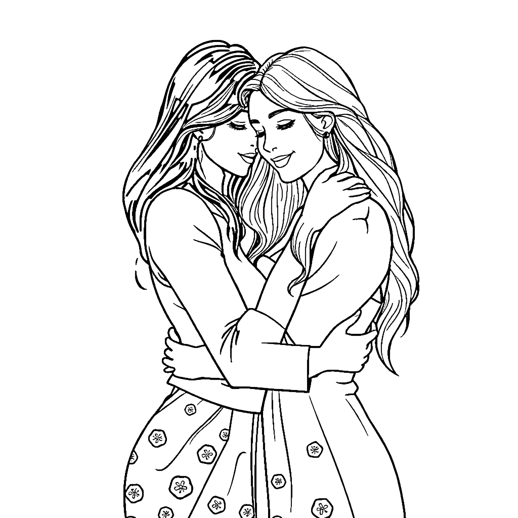 Lesbian couple in intimate embrace Coloring Page (free black-and-white line drawing printable PDF for all, from beginners to advanced learners, including children, teens, adults, and seniors)