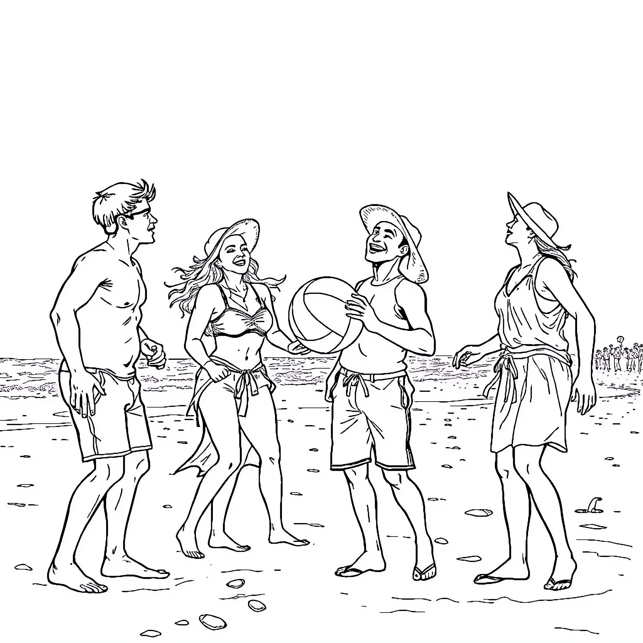 Vengador friends enjoying a day at the beach Coloring Page (free black-and-white line drawing printable PDF for all, from beginners to advanced learners, including children, teens, adults, and seniors)