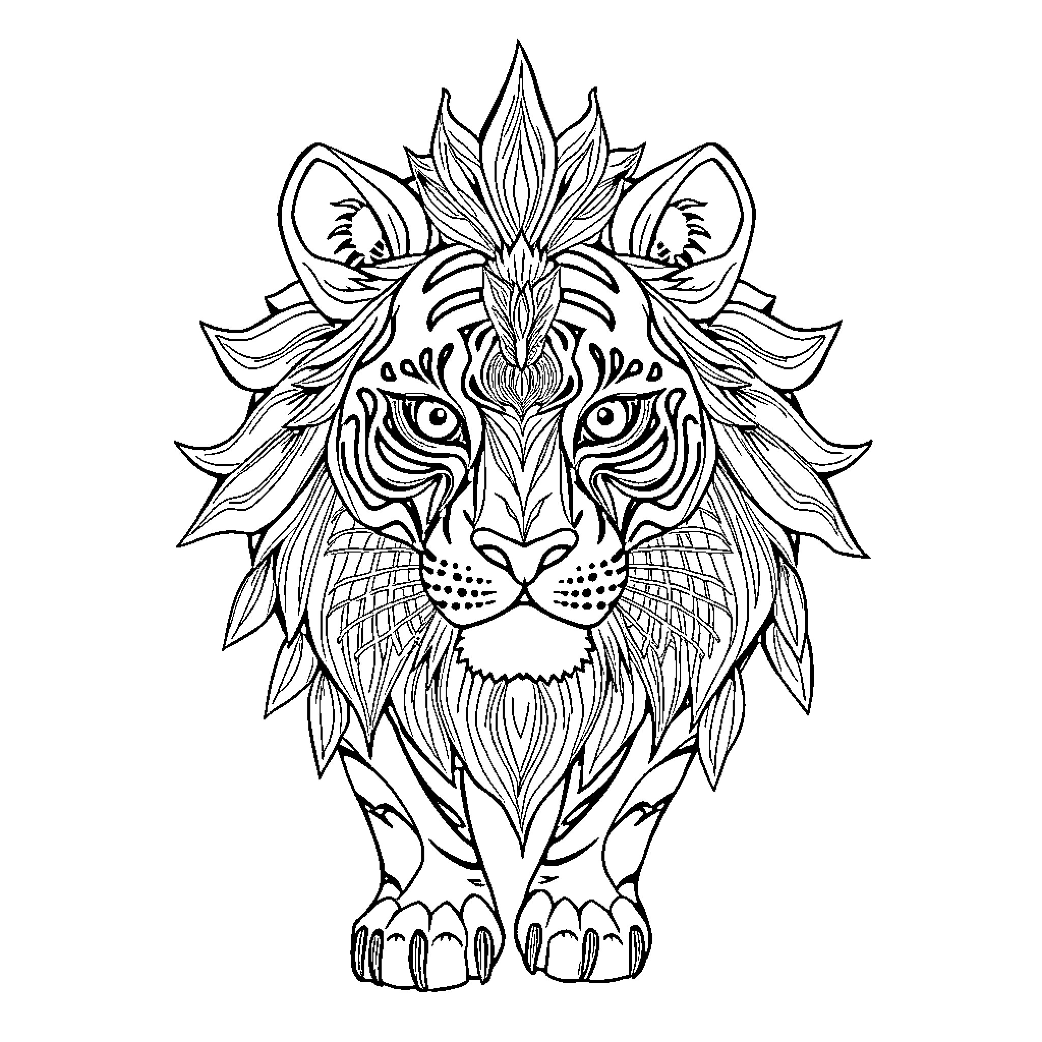 Alebrije of a majestic and ornately decorated lion Coloring Page (free black-and-white line drawing printable PDF for all, from beginners to advanced learners, including children, teens, adults, and seniors)