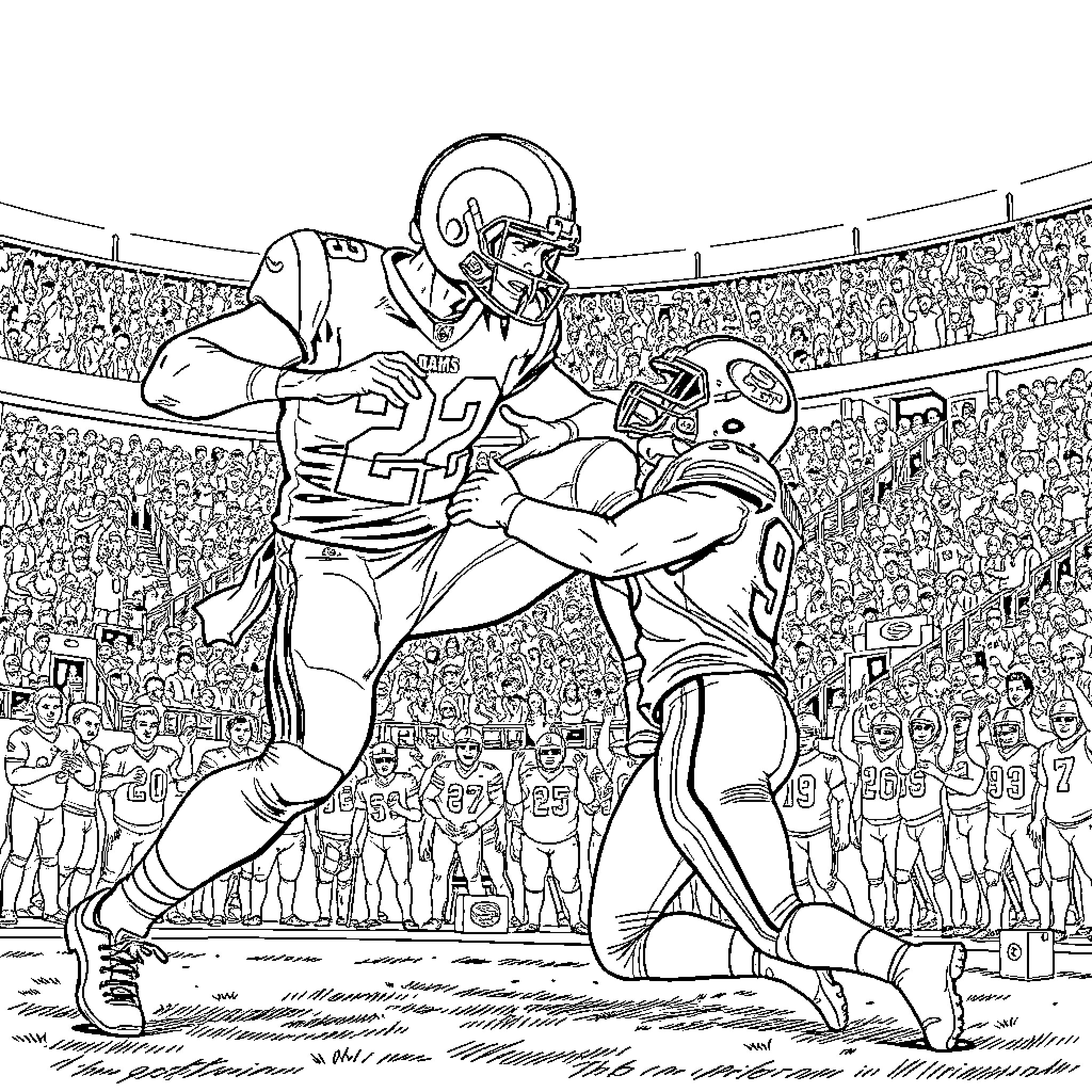 Football Player Tackling Opponent in Intense Stadium Scene Coloring Page (free black-and-white line drawing printable PDF for all, from beginners to advanced learners, including children, teens, adults, and seniors)