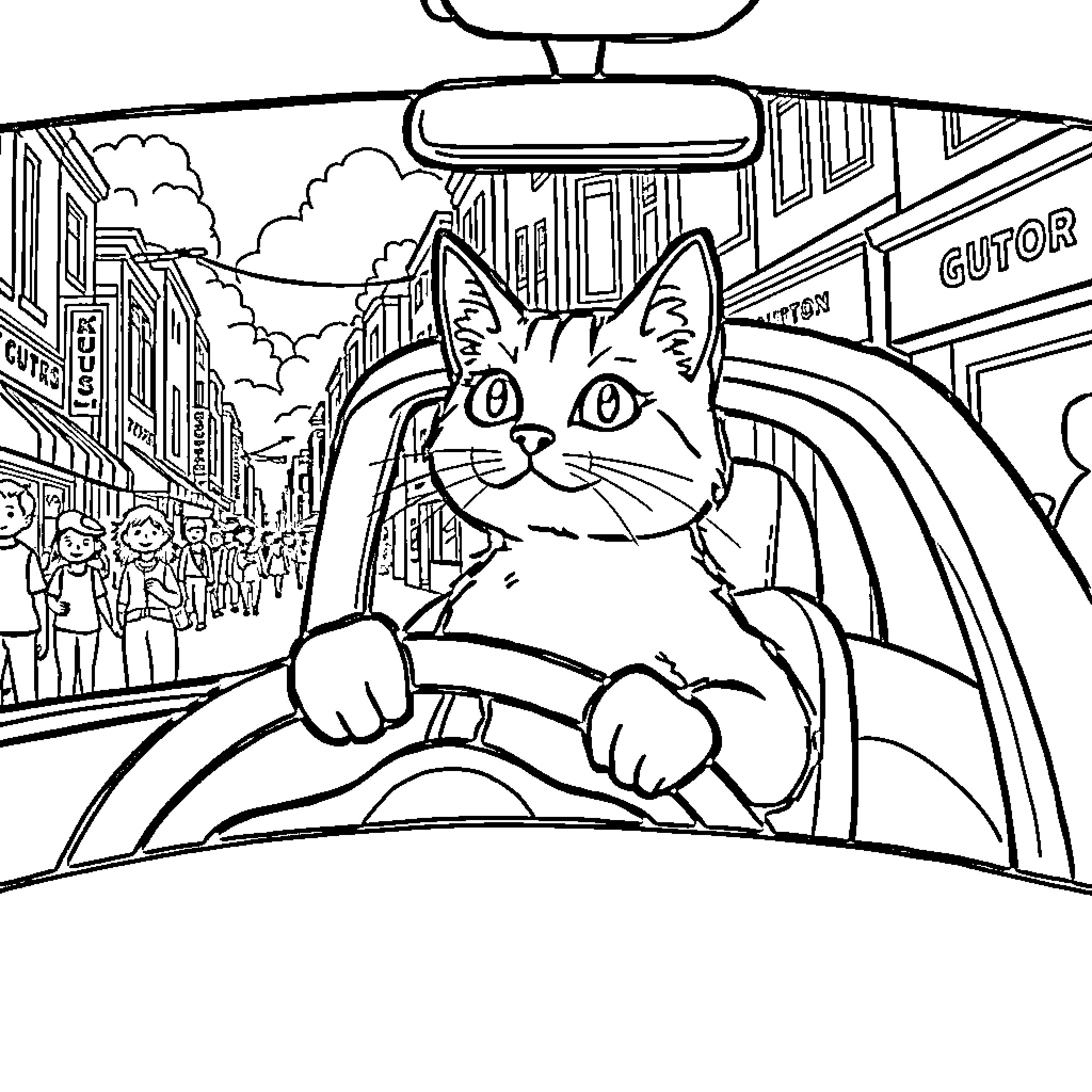 Cat driving a car on a busy city street Coloring Page (free black-and-white line drawing printable PDF for all, from beginners to advanced learners, including children, teens, adults, and seniors)
