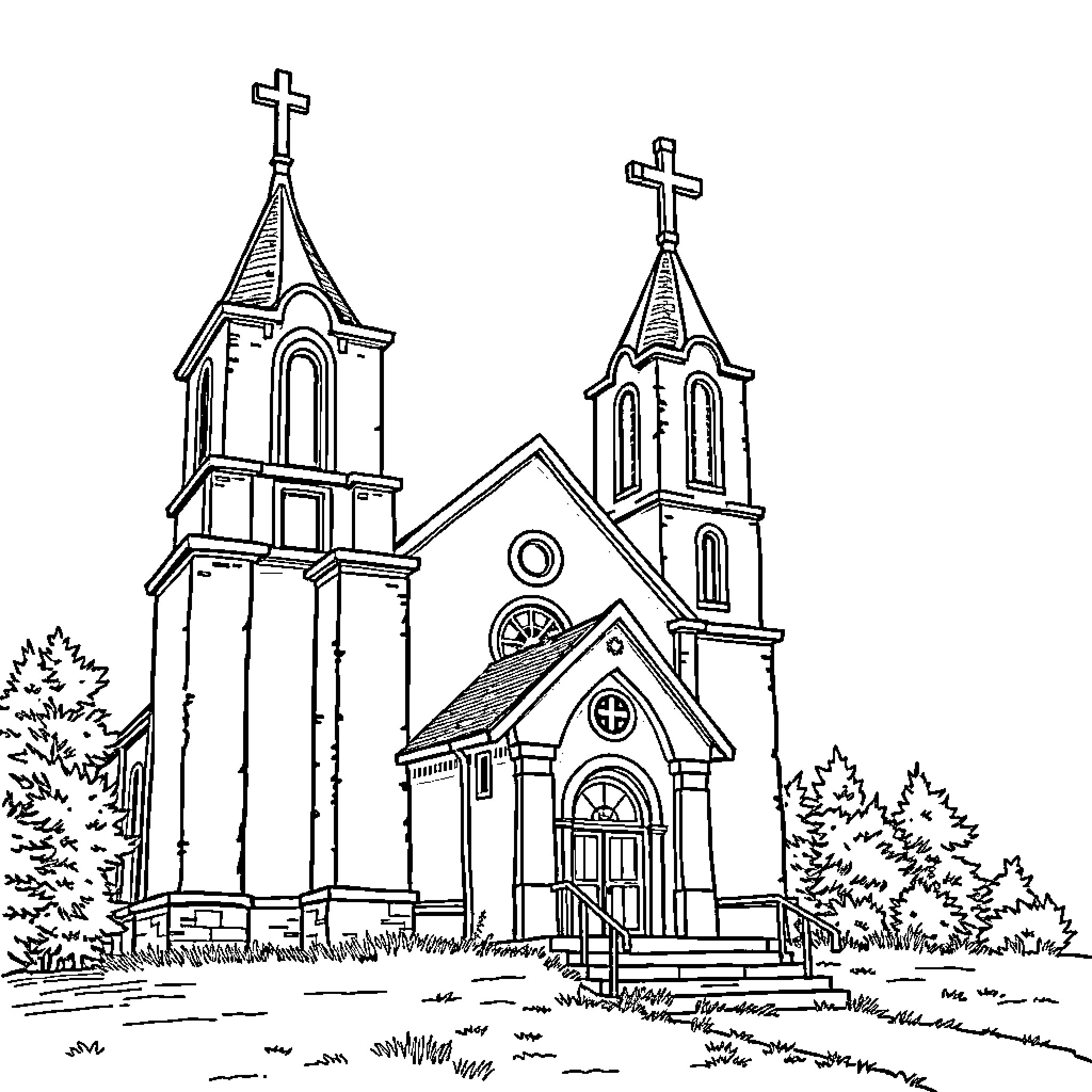 Church with Distinctive Architectural Features Coloring Page (free black-and-white line drawing printable PDF for all, from beginners to advanced learners, including children, teens, adults, and seniors)