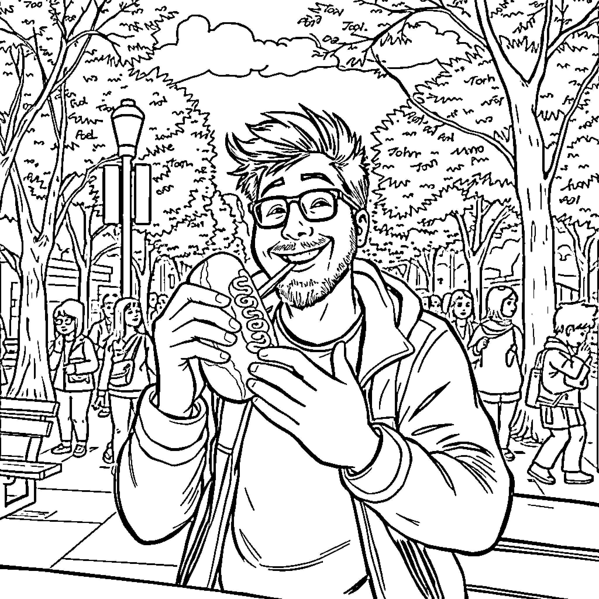 Dude enjoys an ice cream cone on a sunny park day Coloring Page (free black-and-white line drawing printable PDF for all, from beginners to advanced learners, including children, teens, adults, and seniors)