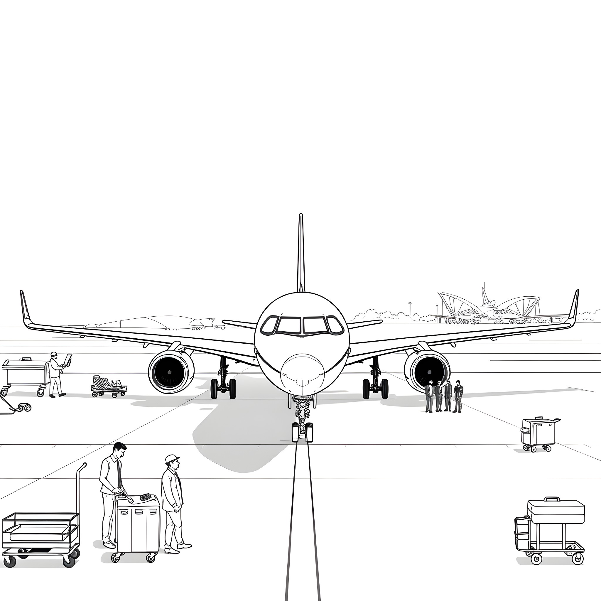 Plane preparing for takeoff at airport terminal Coloring Page (free black-and-white line drawing printable PDF for all, from beginners to advanced learners, including children, teens, adults, and seniors)
