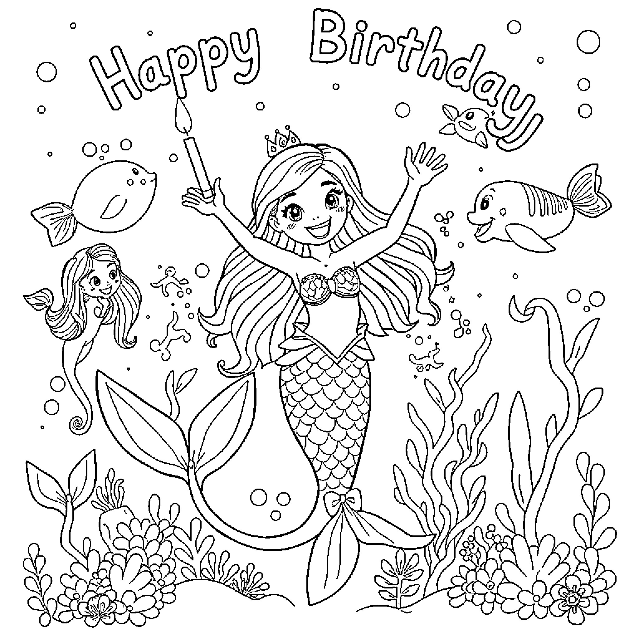 Mermaid celebrating a happy birthday underwater Coloring Page (free black-and-white line drawing printable PDF for all, from beginners to advanced learners, including children, teens, adults, and seniors)