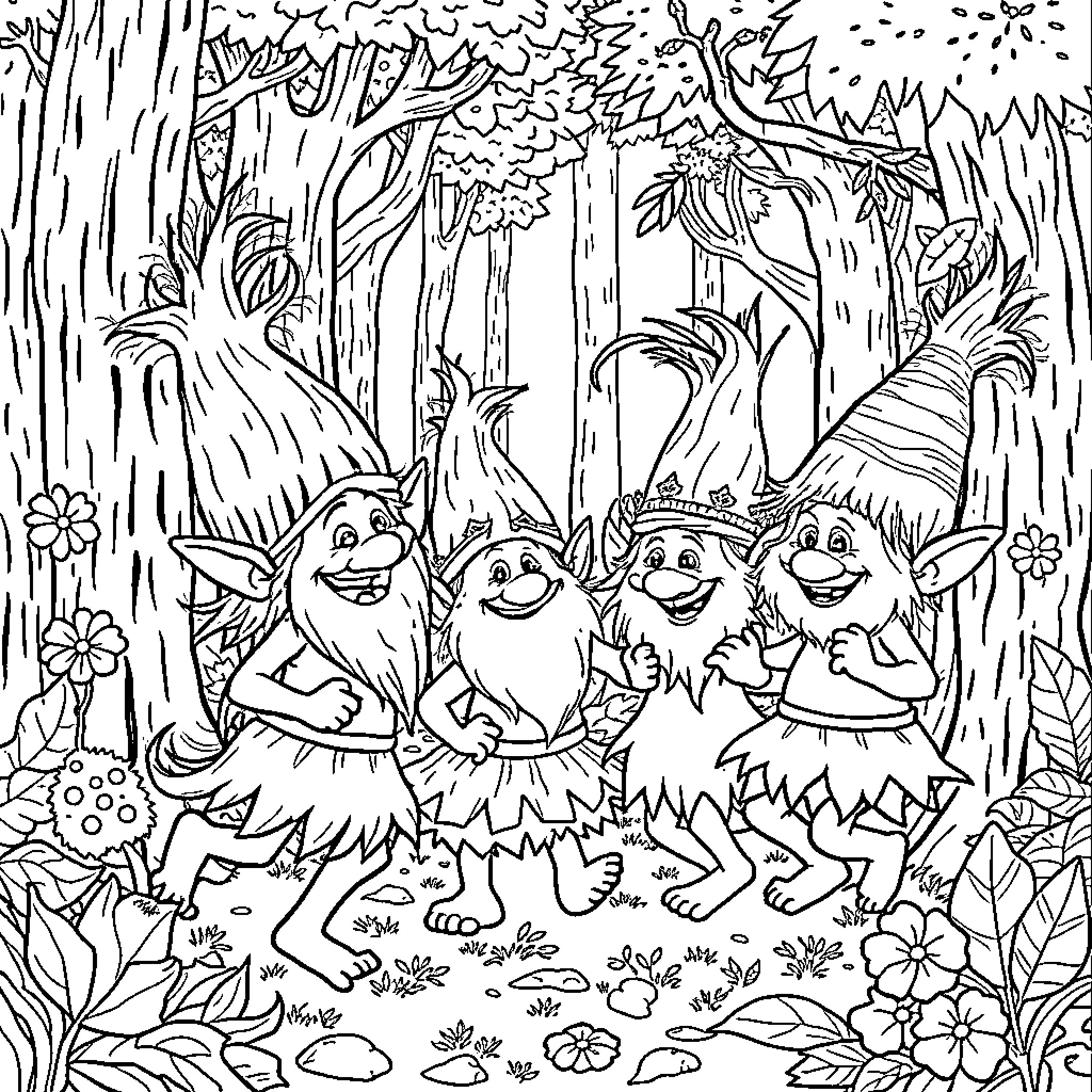 Troll Forest Dwellers Frolicking Merrily Coloring Page (free black-and-white line drawing printable PDF for all, from beginners to advanced learners, including children, teens, adults, and seniors)