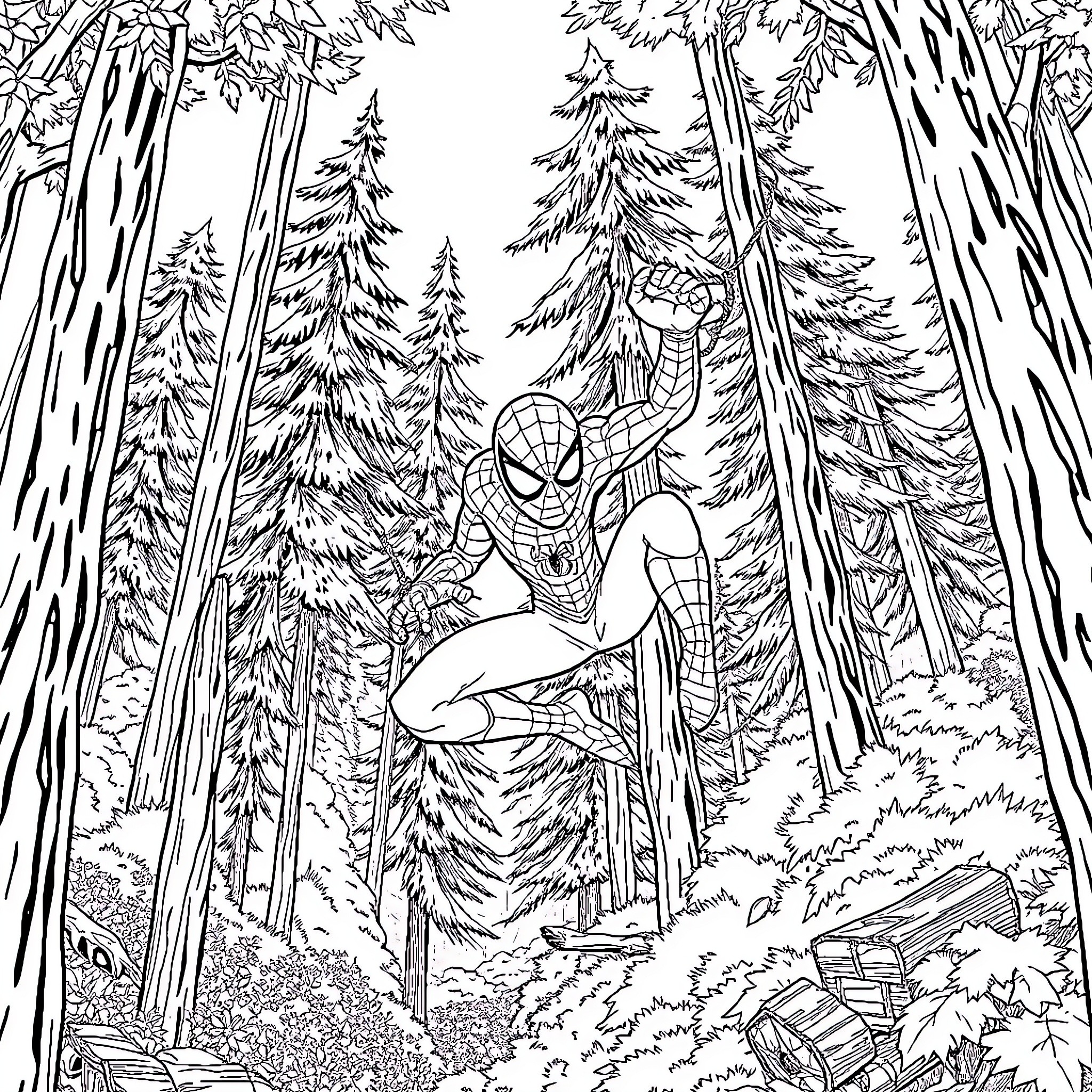 Spiderman swinging through the enchanted forest Coloring Page (free black-and-white line drawing printable PDF for all, from beginners to advanced learners, including children, teens, adults, and seniors)