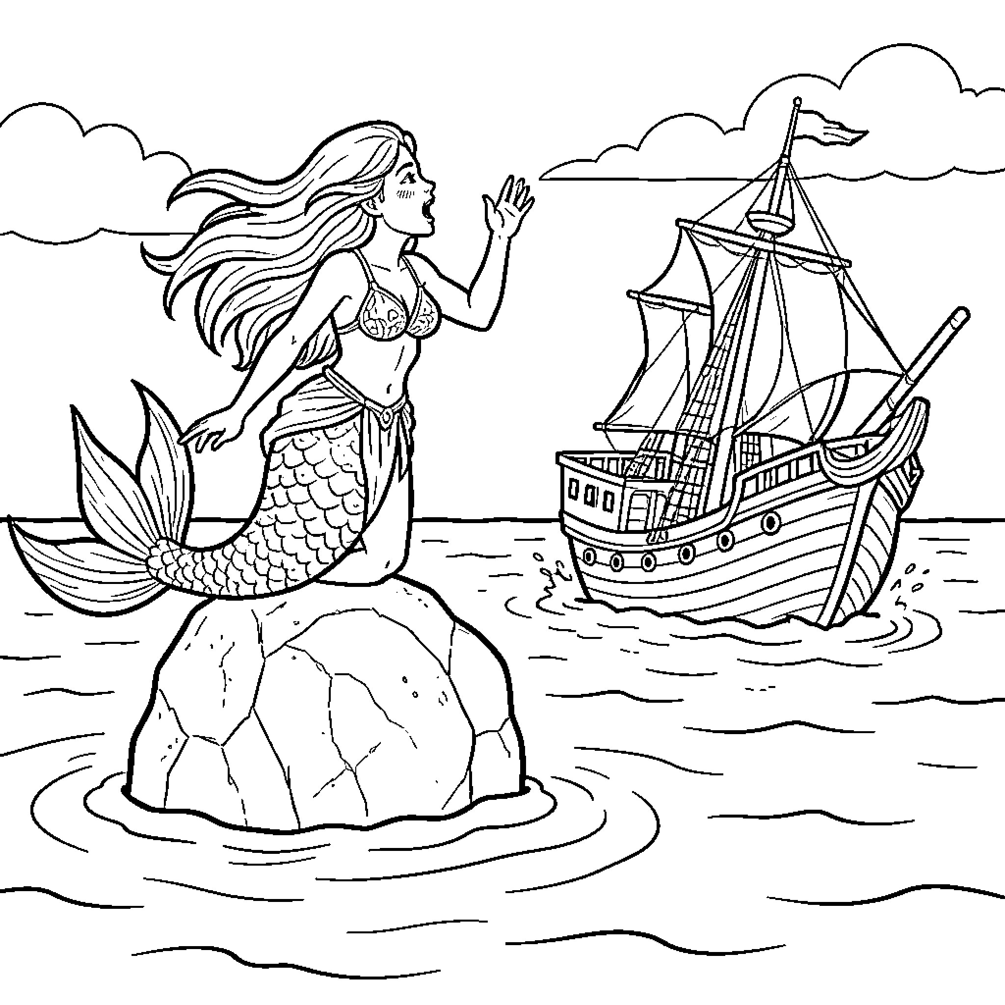 Siren sitting on a rock calling to a ship Coloring Page (free black-and-white line drawing printable PDF for all, from beginners to advanced learners, including children, teens, adults, and seniors)