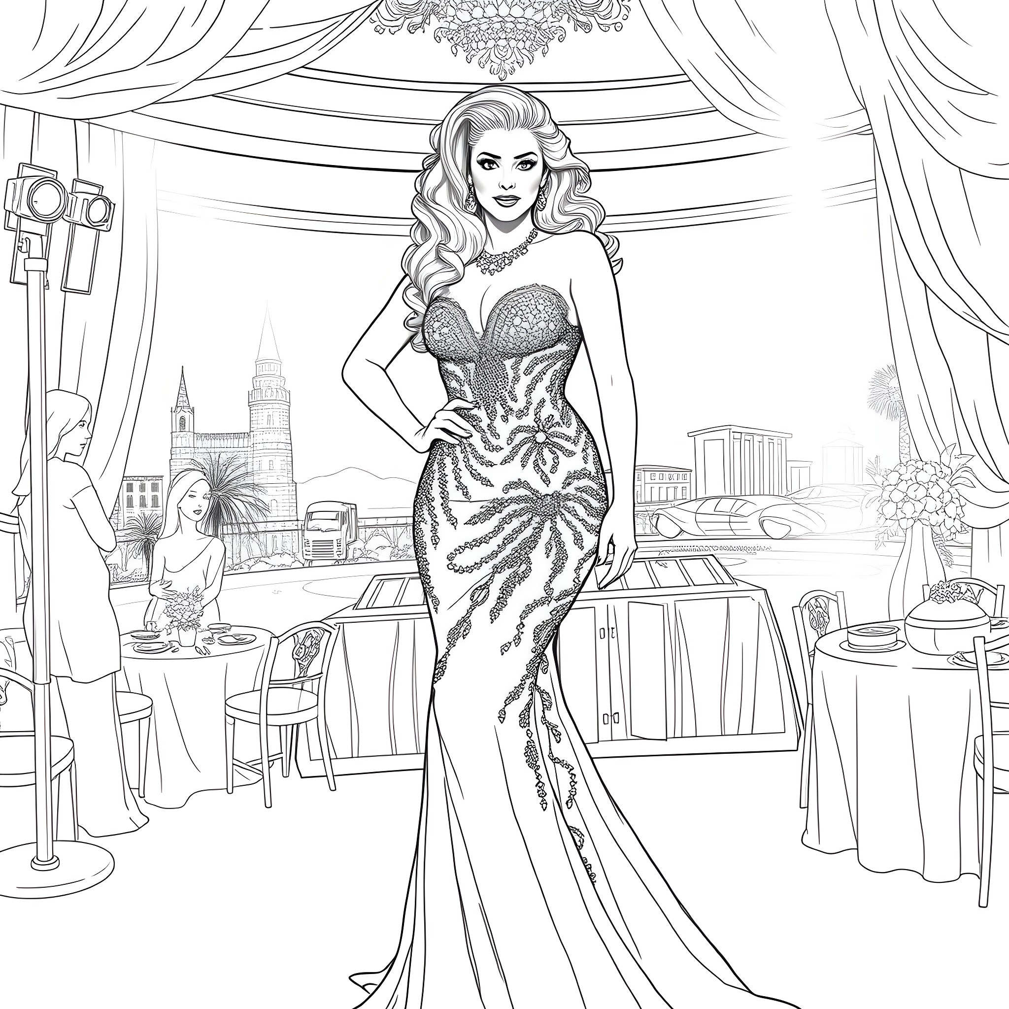 Anna Nicole Smith's Glamorous Gown at an Elegant Soiree Coloring Page (free black-and-white line drawing printable PDF for all, from beginners to advanced learners, including children, teens, adults, and seniors)