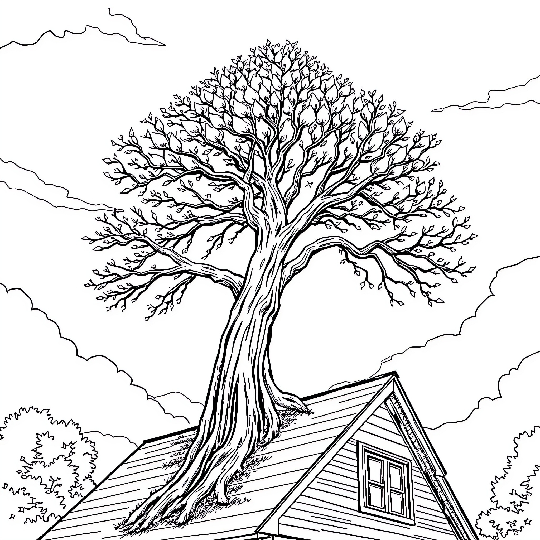 Tree looming over a small house in a tranquil scene Coloring Page (free black-and-white line drawing printable PDF for all, from beginners to advanced learners, including children, teens, adults, and seniors)