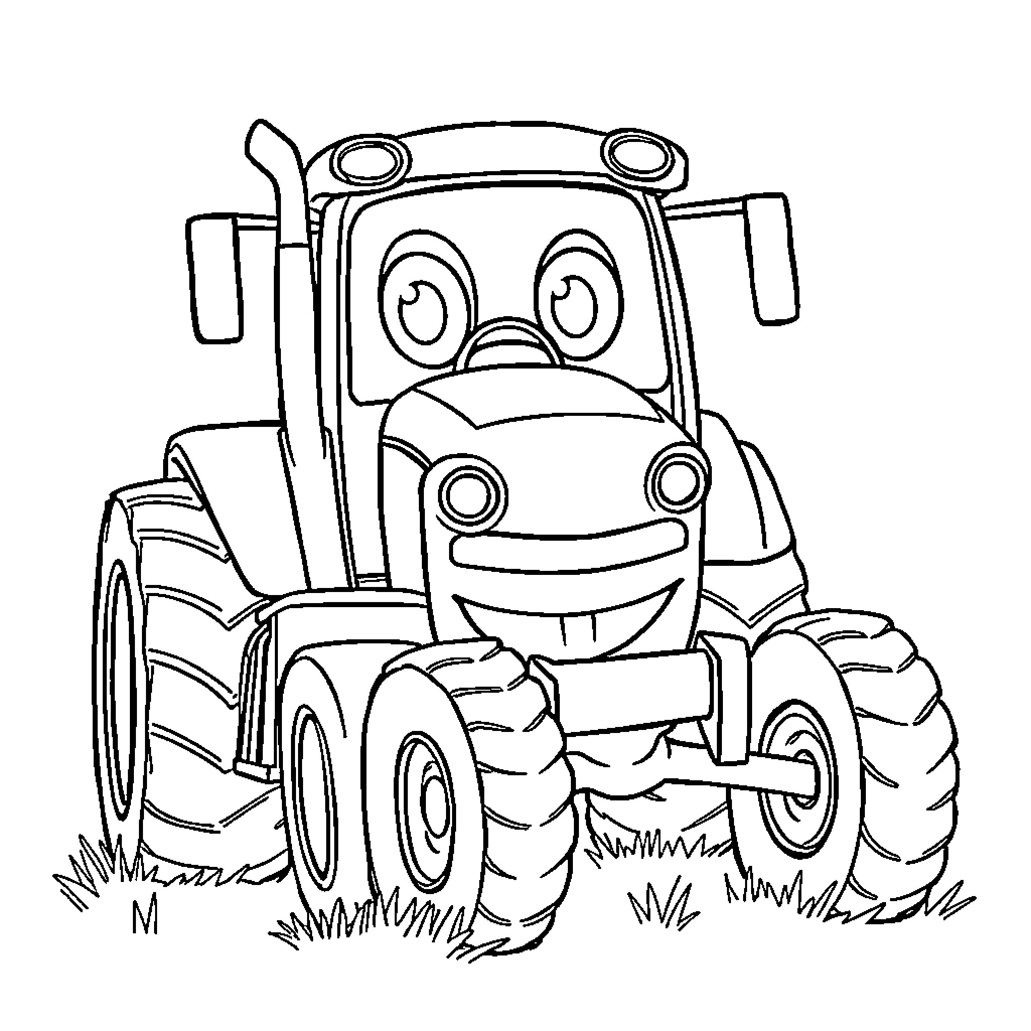Tractor with a cheerful expression Coloring Page (free black-and-white line drawing printable PDF for all, from beginners to advanced learners, including children, teens, adults, and seniors)