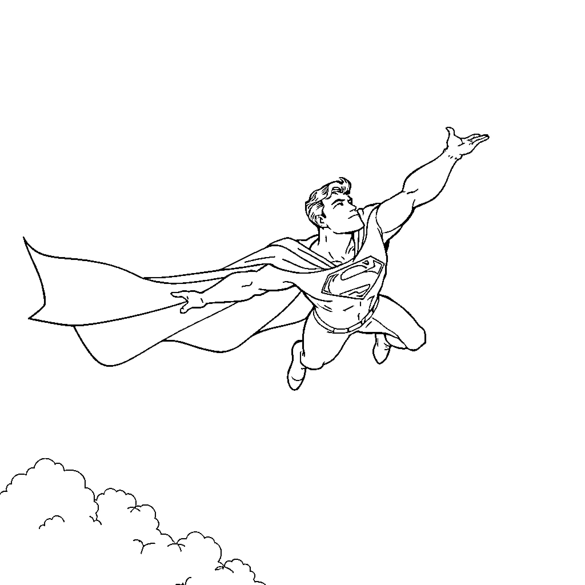Superman heroically soaring through the sky Coloring Page (free black-and-white line drawing printable PDF for all, from beginners to advanced learners, including children, teens, adults, and seniors)