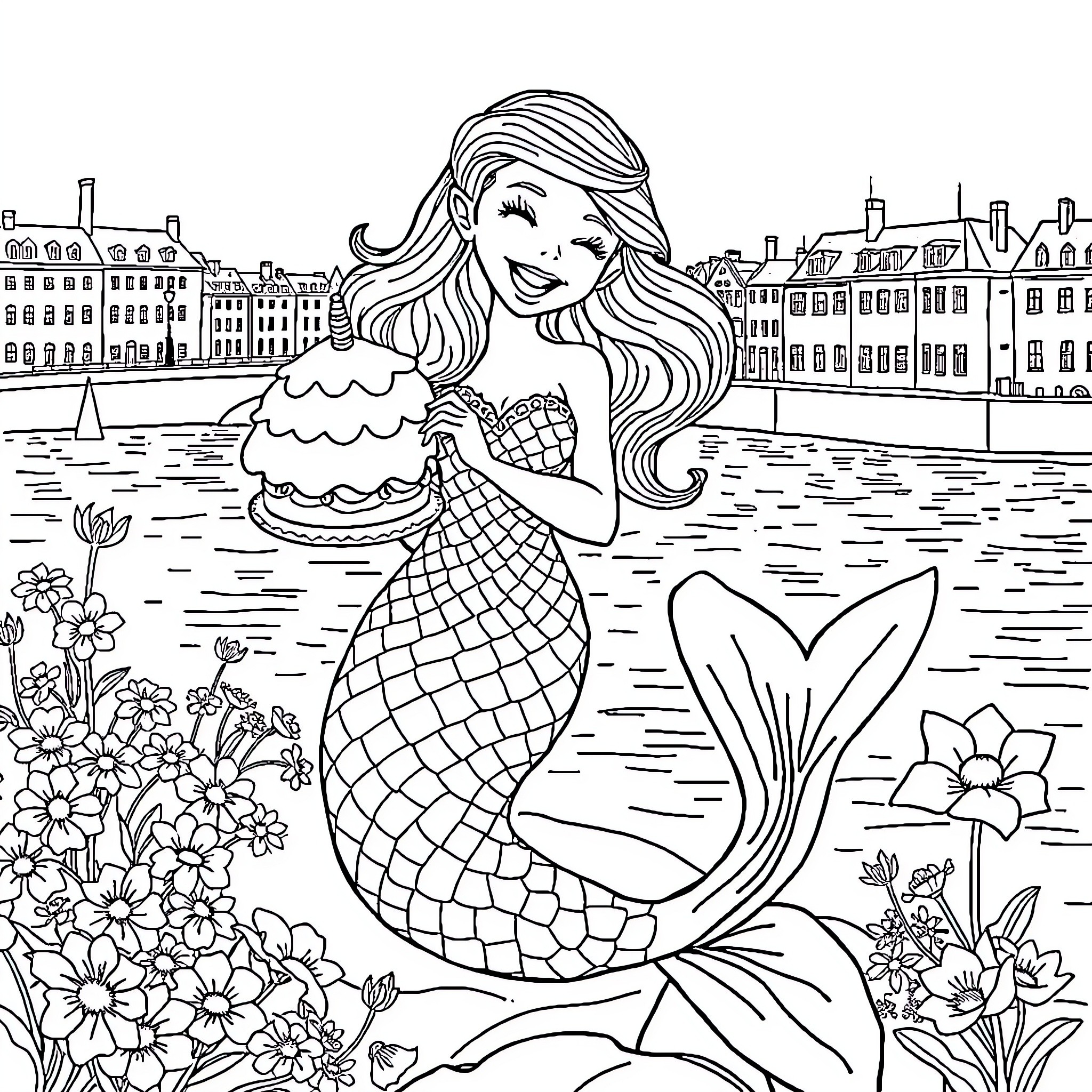 Mermaid enjoying a birthday cake on the shore Coloring Page (free black-and-white line drawing printable PDF for all, from beginners to advanced learners, including children, teens, adults, and seniors)