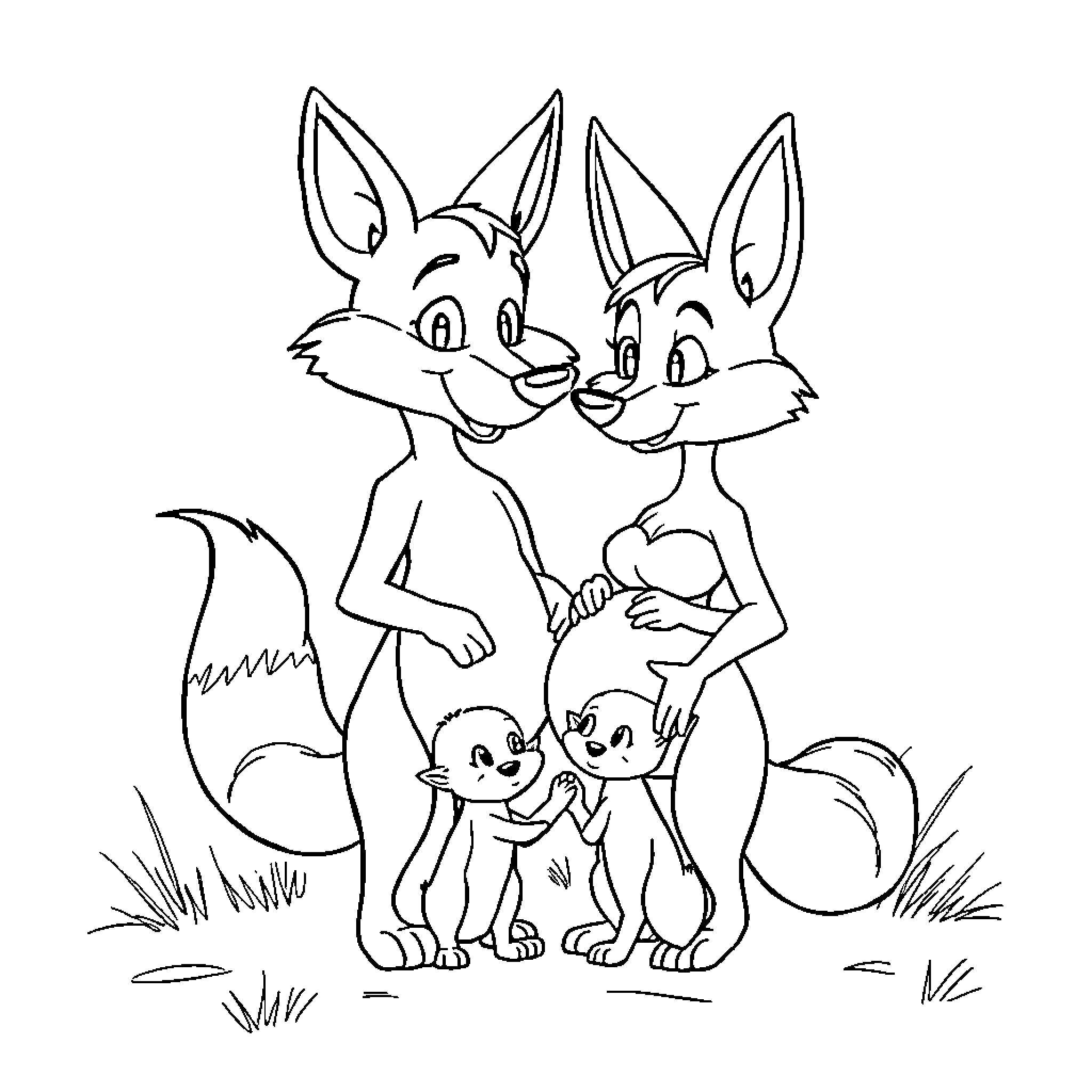 Coyote family enjoying a day in the meadow Coloring Page (free black-and-white line drawing printable PDF for all, from beginners to advanced learners, including children, teens, adults, and seniors)