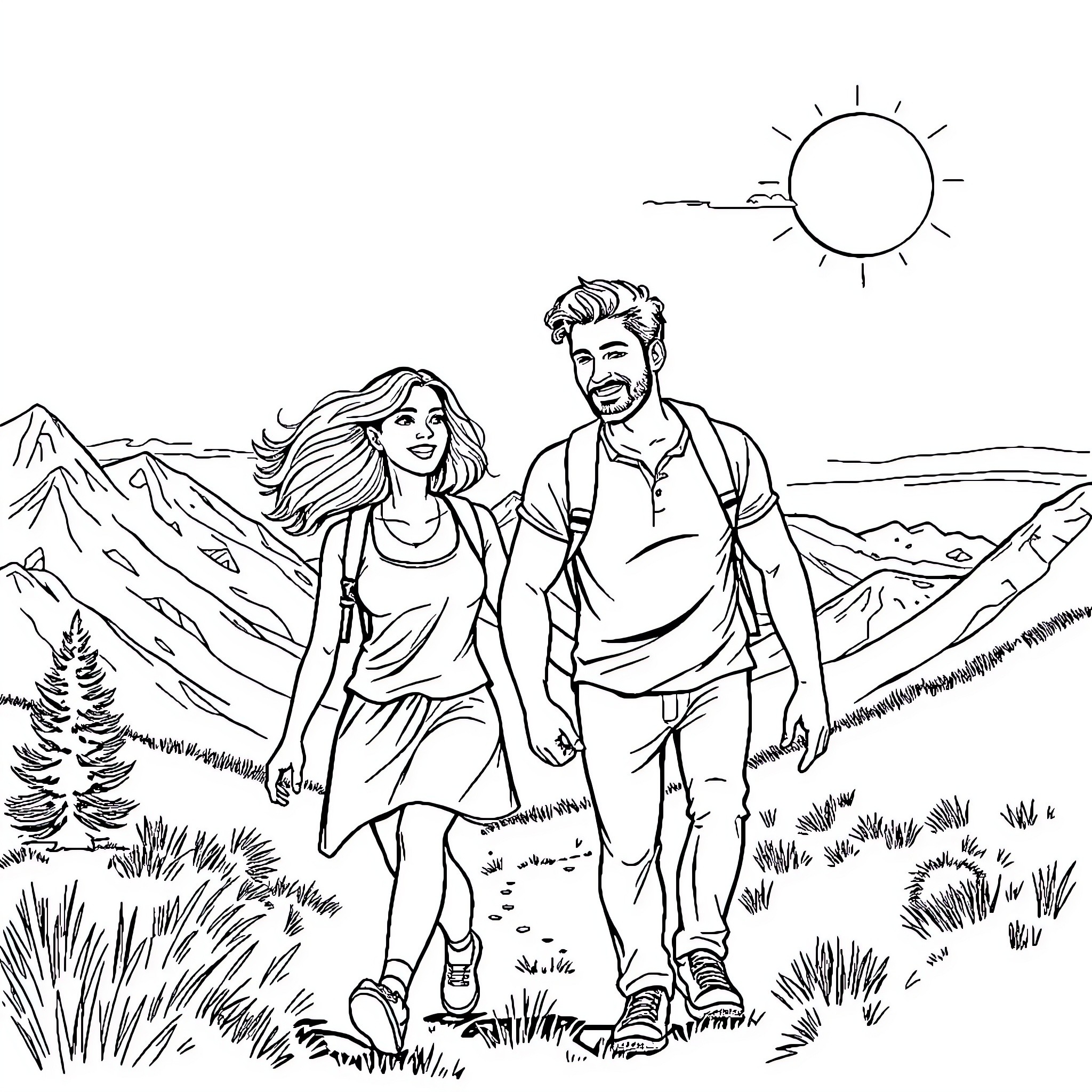 Couple hiking through scenic mountain landscape Coloring Page (free black-and-white line drawing printable PDF for all, from beginners to advanced learners, including children, teens, adults, and seniors)