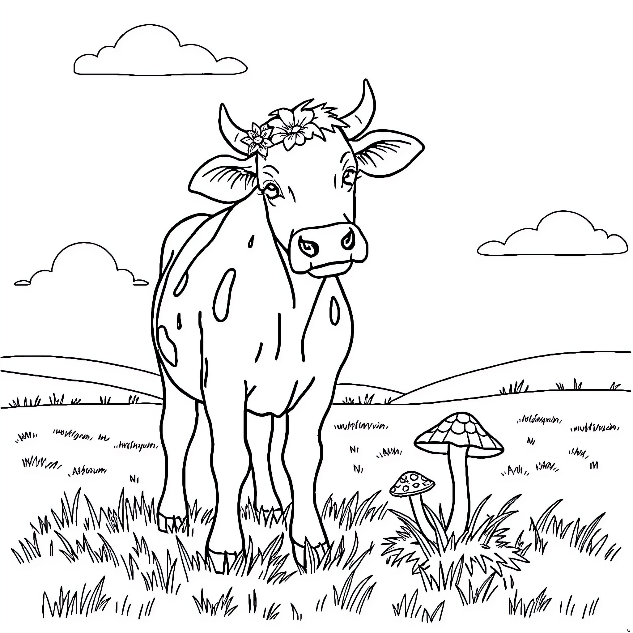 Cow with floral wreath in pastoral landscape Coloring Page (free black-and-white line drawing printable PDF for all, from beginners to advanced learners, including children, teens, adults, and seniors)