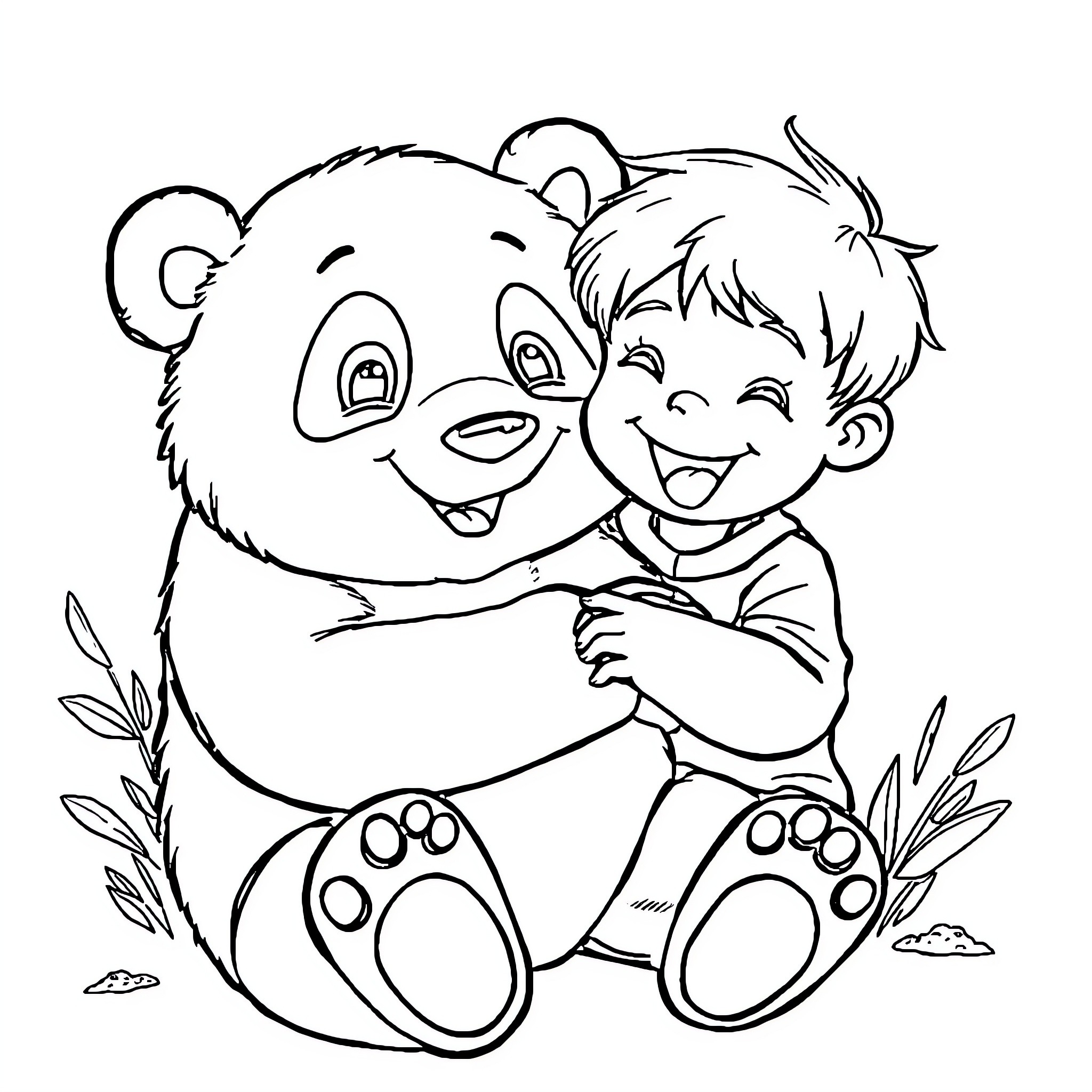 Kid hugs big stuffed bear happily Coloring Page (free black-and-white line drawing printable PDF for all, from beginners to advanced learners, including children, teens, adults, and seniors)