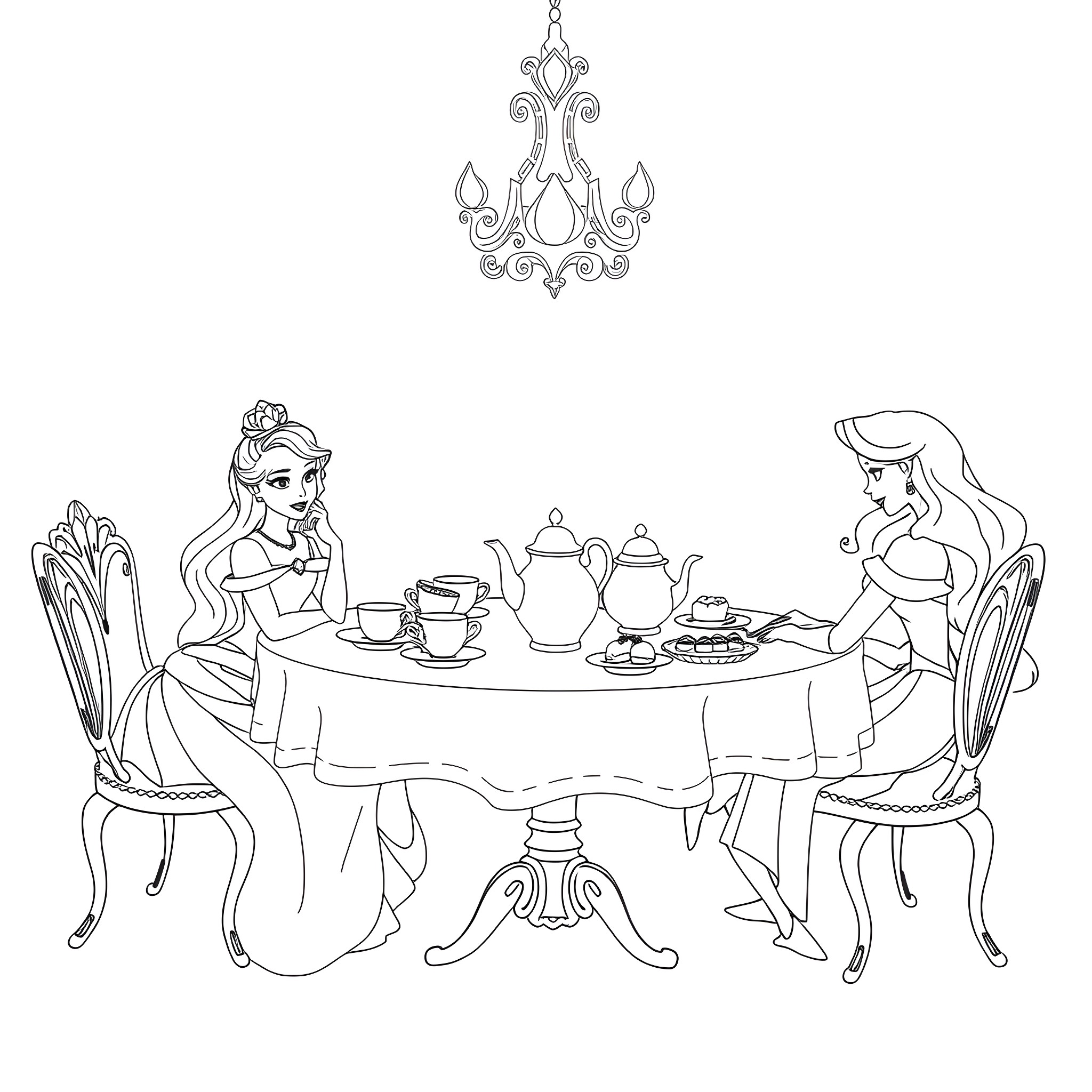 Disney Princess Tea Party with Elegant Chandelier Coloring Page (free black-and-white line drawing printable PDF for all, from beginners to advanced learners, including children, teens, adults, and seniors)