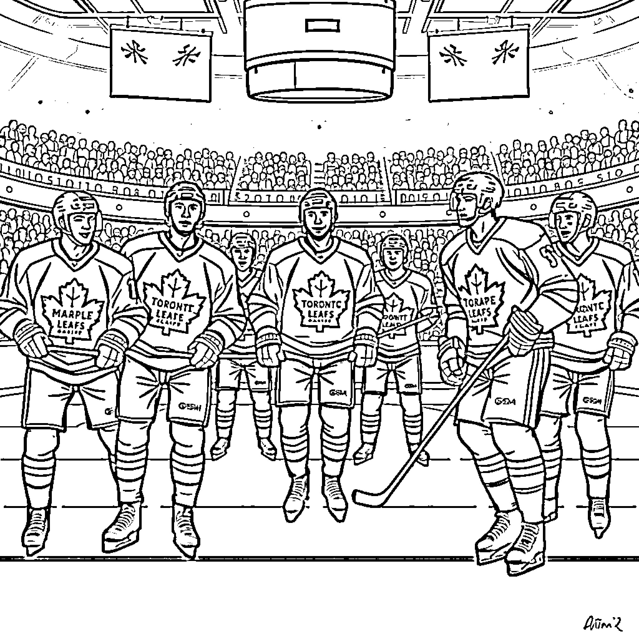 Toronto Maple Leafs hockey team on the ice Coloring Page (free black-and-white line drawing printable PDF for all, from beginners to advanced learners, including children, teens, adults, and seniors)