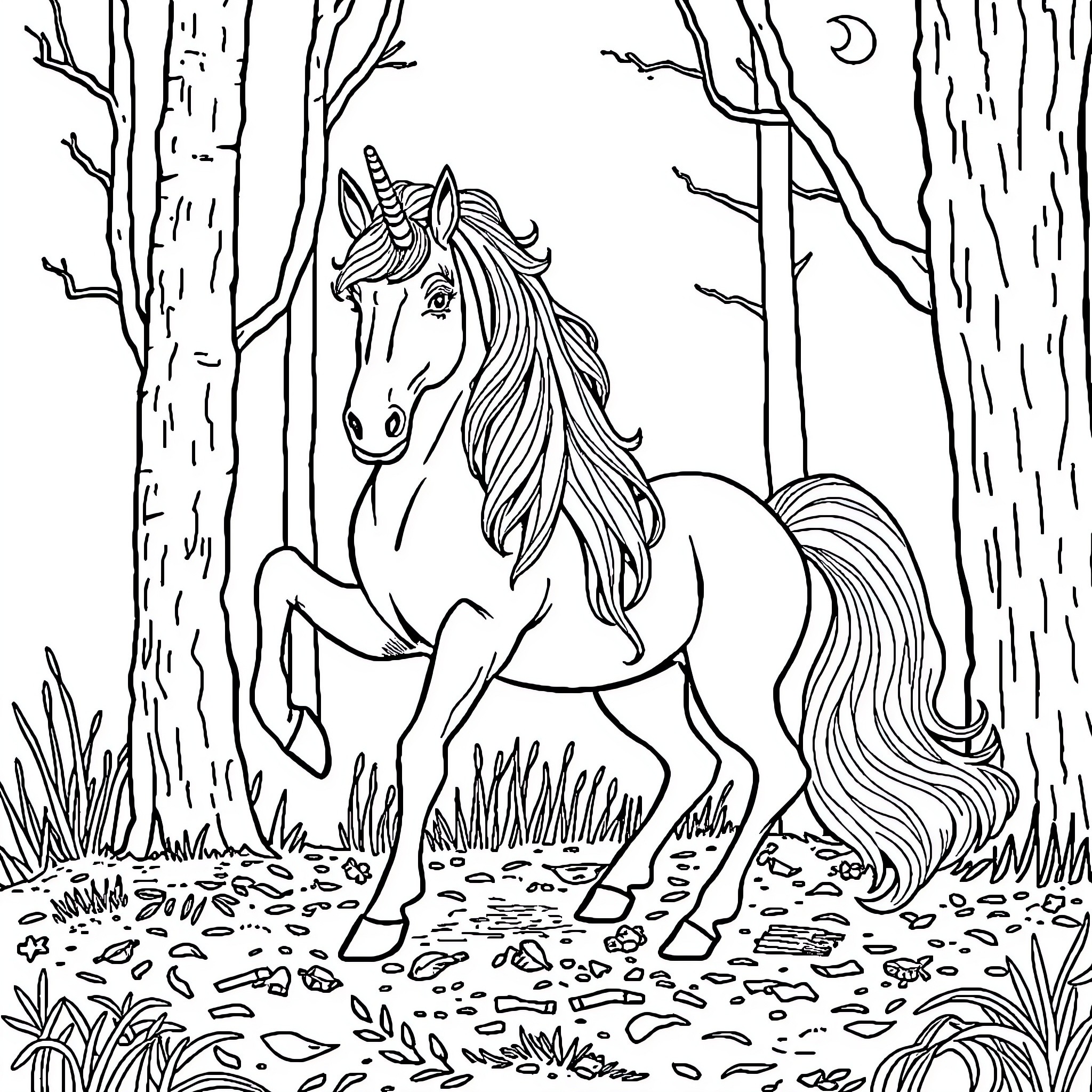 Unicorn galloping through enchanted forest Coloring Page (free black-and-white line drawing printable PDF for all, from beginners to advanced learners, including children, teens, adults, and seniors)