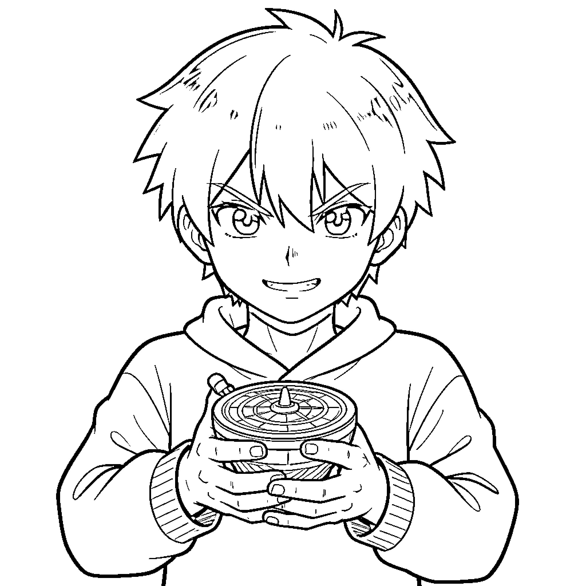 Valt Aoi Excitedly Holding a Spinning Top Coloring Page (free black-and-white line drawing printable PDF for all, from beginners to advanced learners, including children, teens, adults, and seniors)