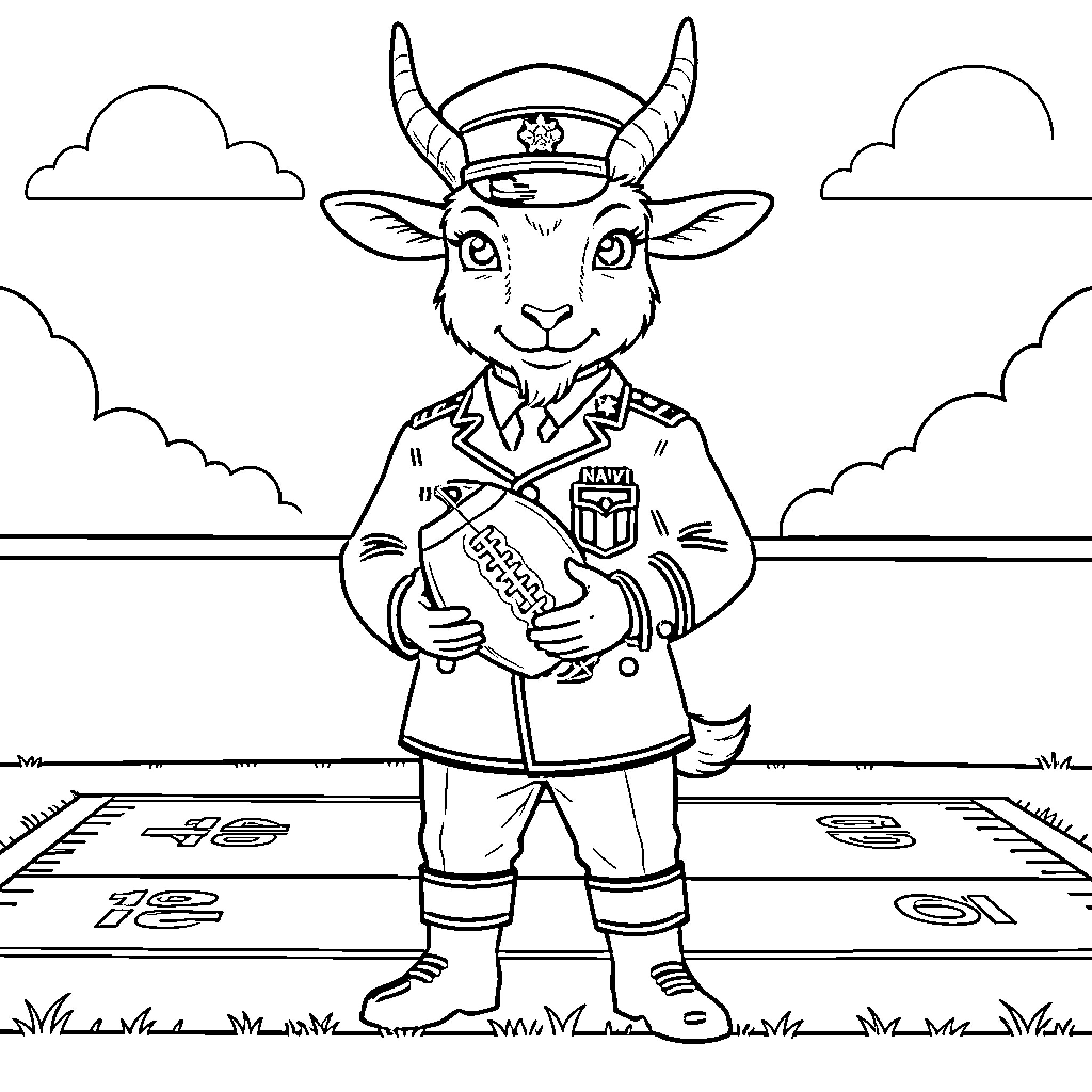 Goat wearing a naval uniform holding a football Coloring Page (free black-and-white line drawing printable PDF for all, from beginners to advanced learners, including children, teens, adults, and seniors)