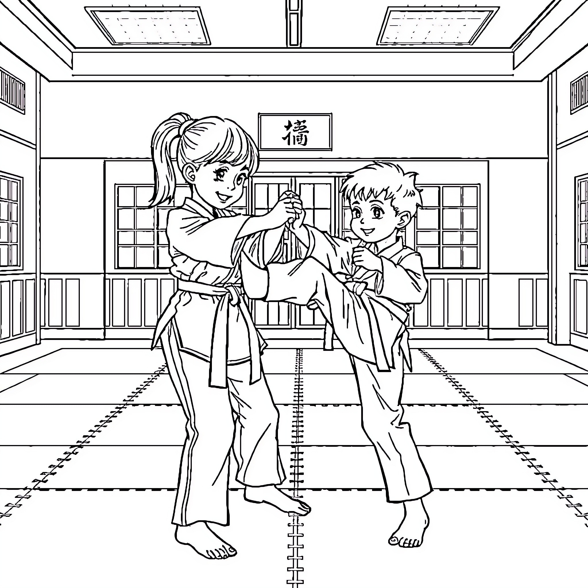 Girl practicing martial arts with instructor in dojo Coloring Page (free black-and-white line drawing printable PDF for all, from beginners to advanced learners, including children, teens, adults, and seniors)