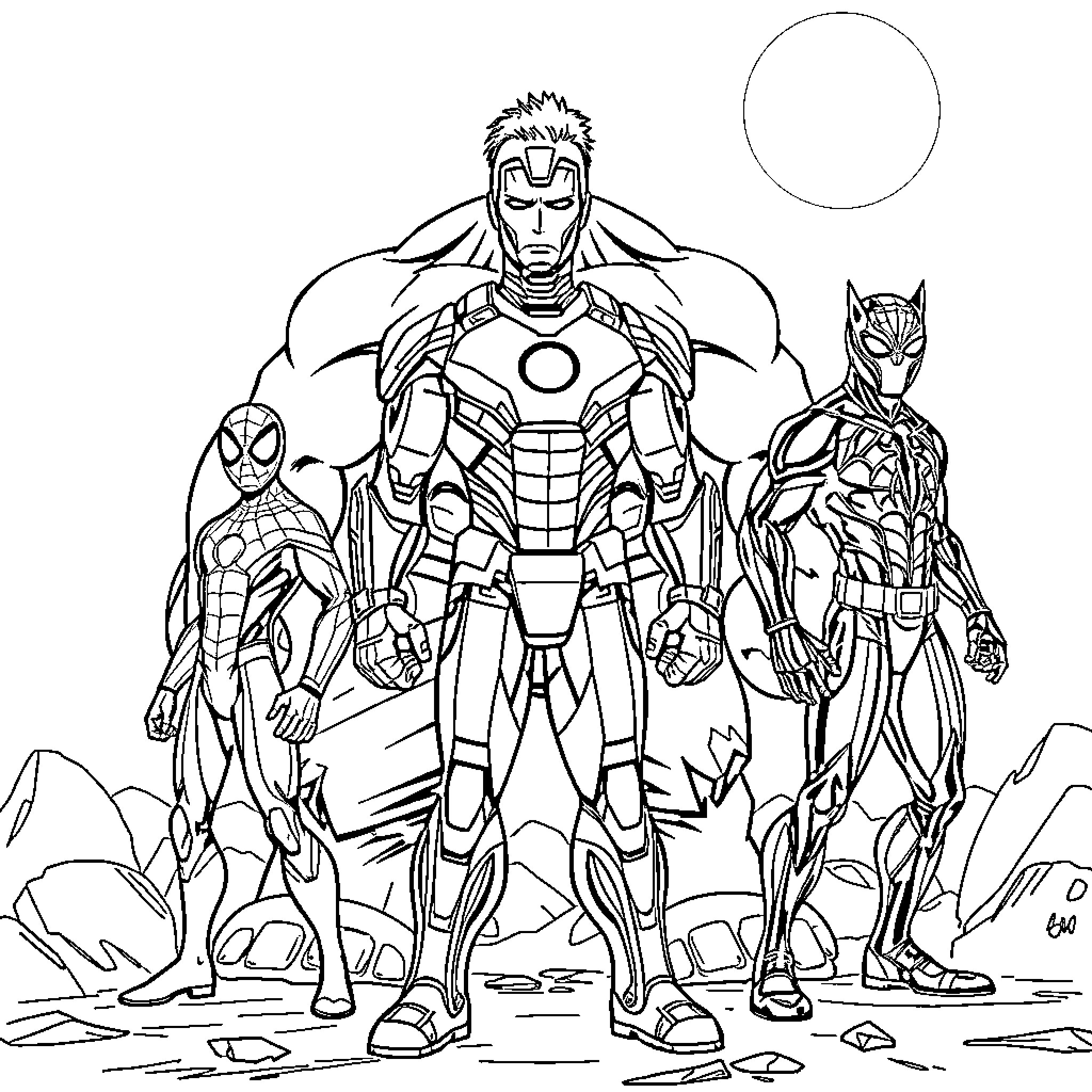 Ironman and superhero team in heroic poses Coloring Page (free black-and-white line drawing printable PDF for all, from beginners to advanced learners, including children, teens, adults, and seniors)