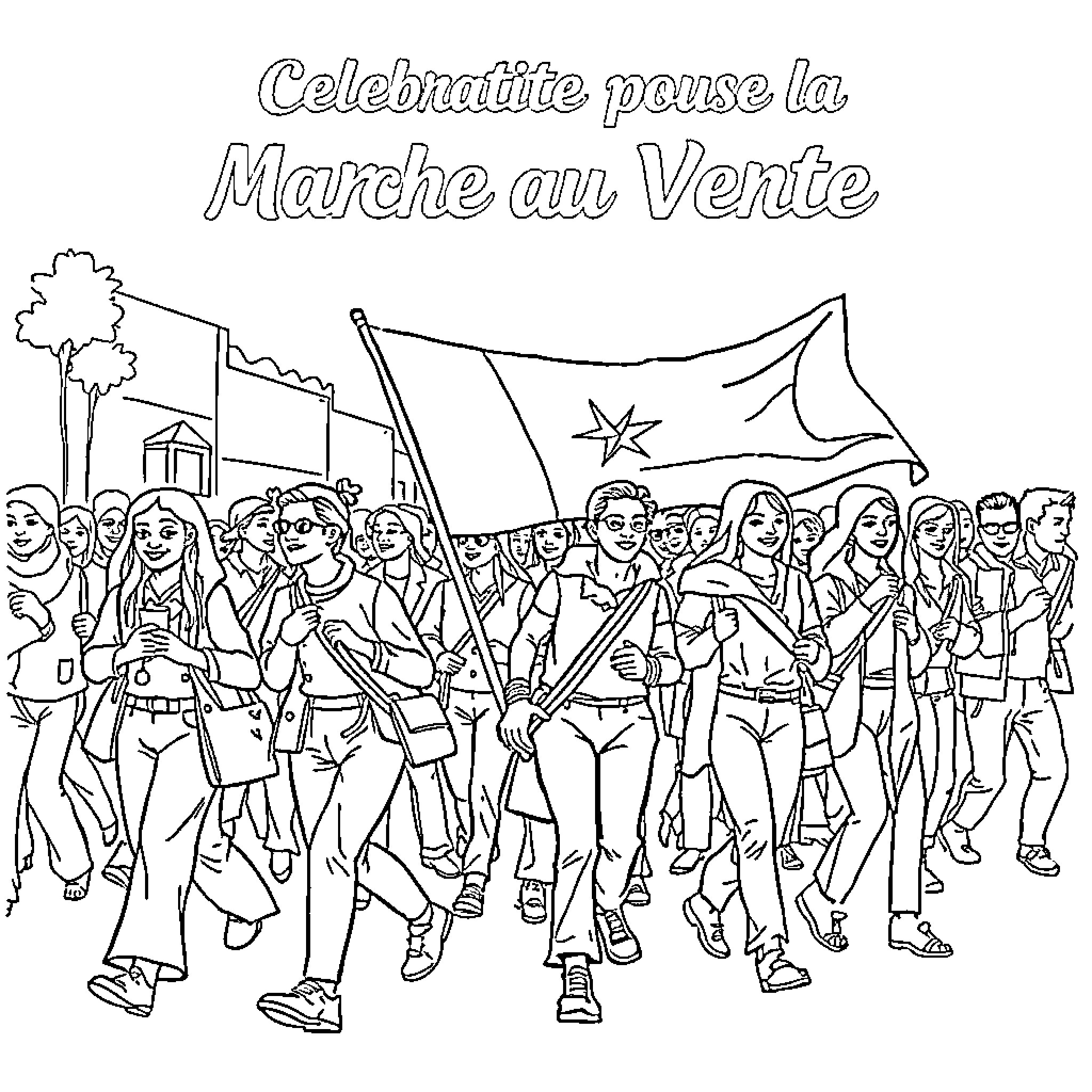 Marche for Celebration at the Marketplace Coloring Page (free black-and-white line drawing printable PDF for all, from beginners to advanced learners, including children, teens, adults, and seniors)