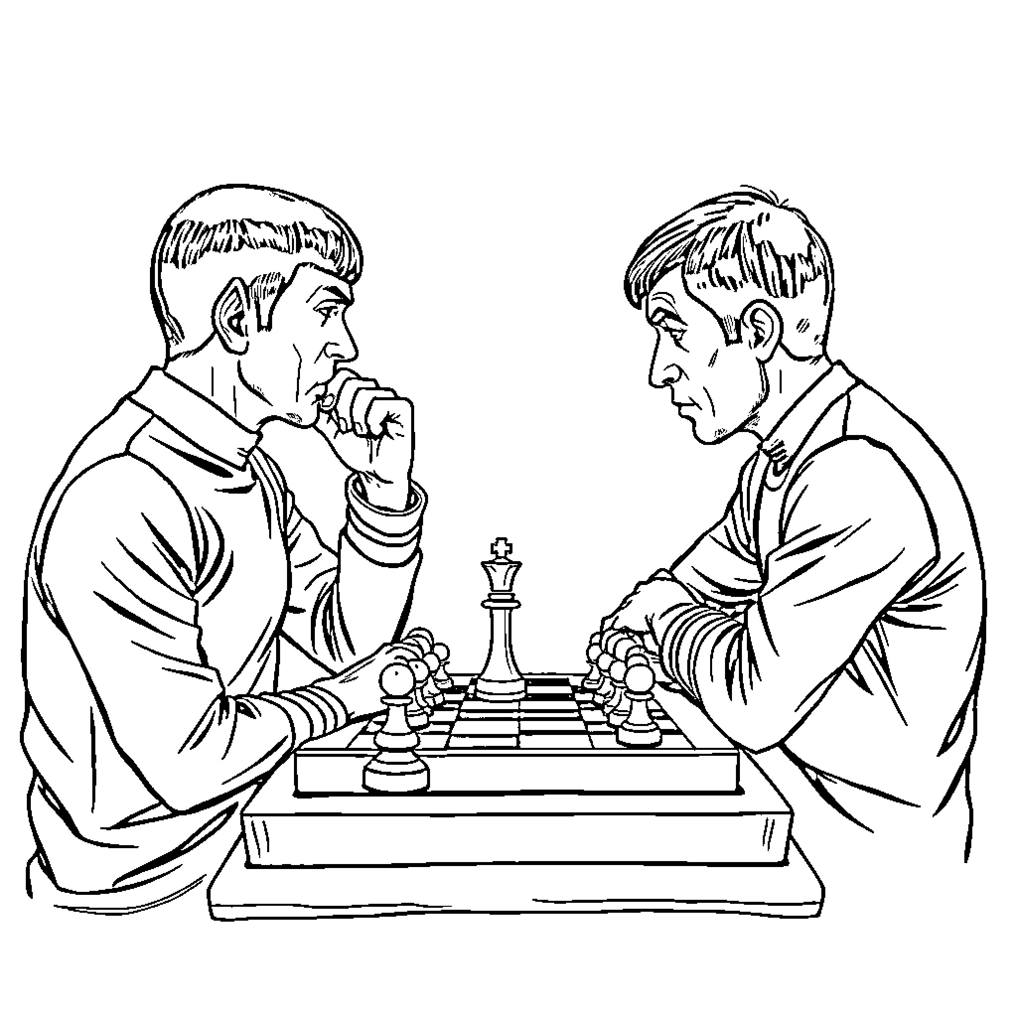 Spock engaged in a chess match with another individual Coloring Page (free black-and-white line drawing printable PDF for all, from beginners to advanced learners, including children, teens, adults, and seniors)